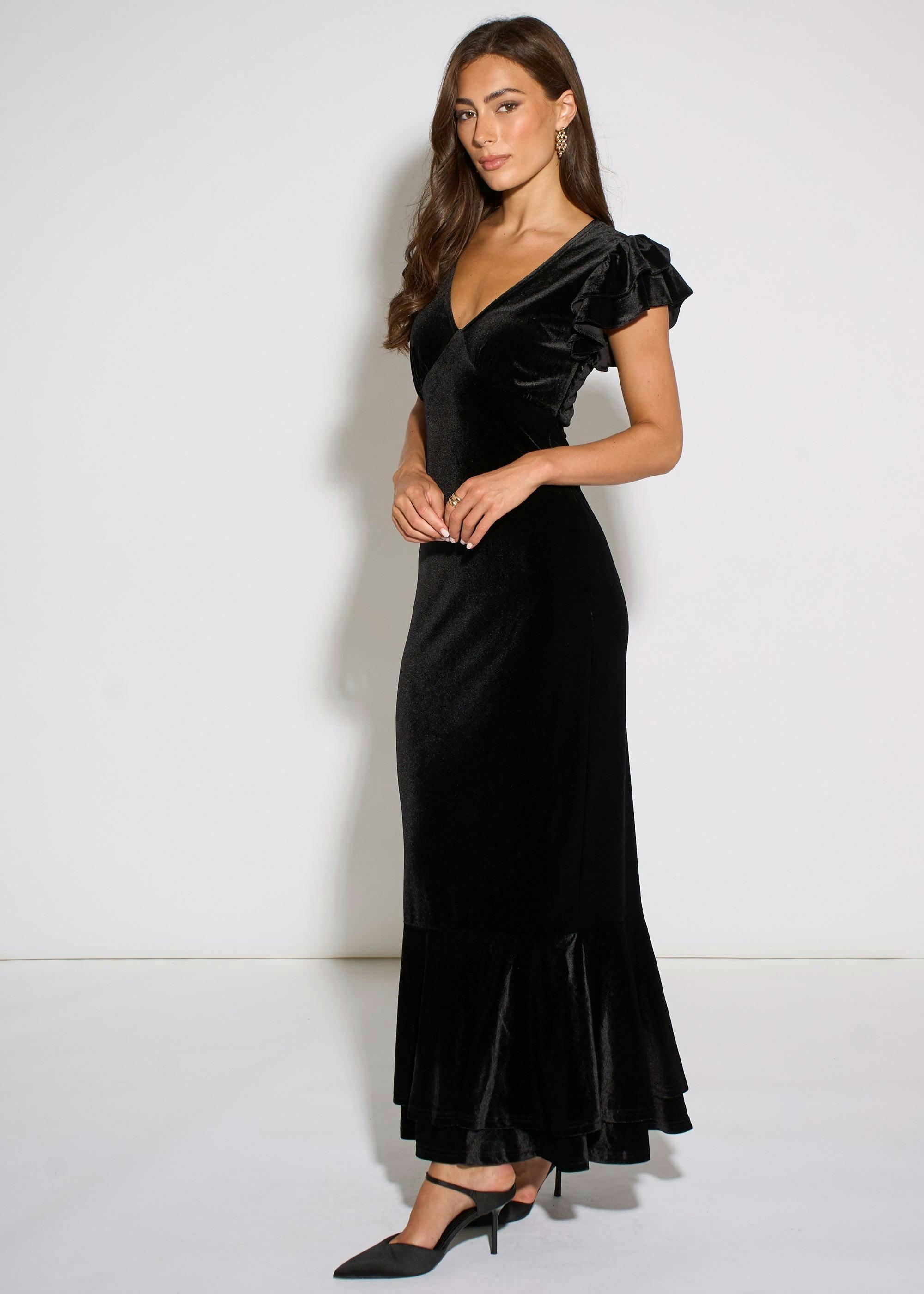 Black V Neck Ruffle Sleeves Velvet Occasion Maxi Dress , view 4 of 4