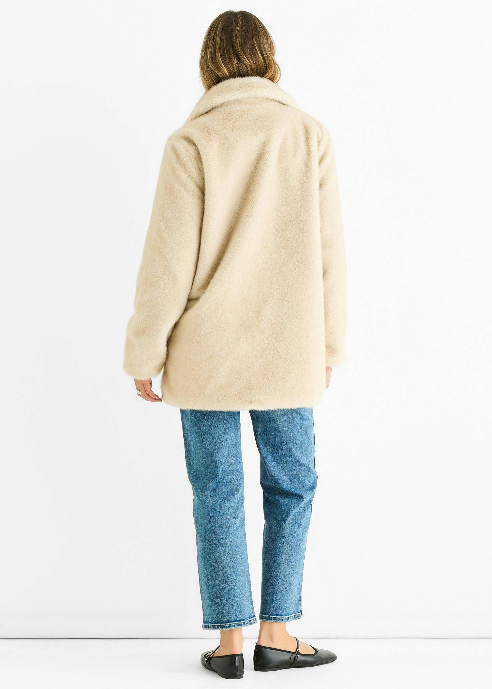 Beige Faux Fur Double Breasted Longline Jacket , view 2 of 4