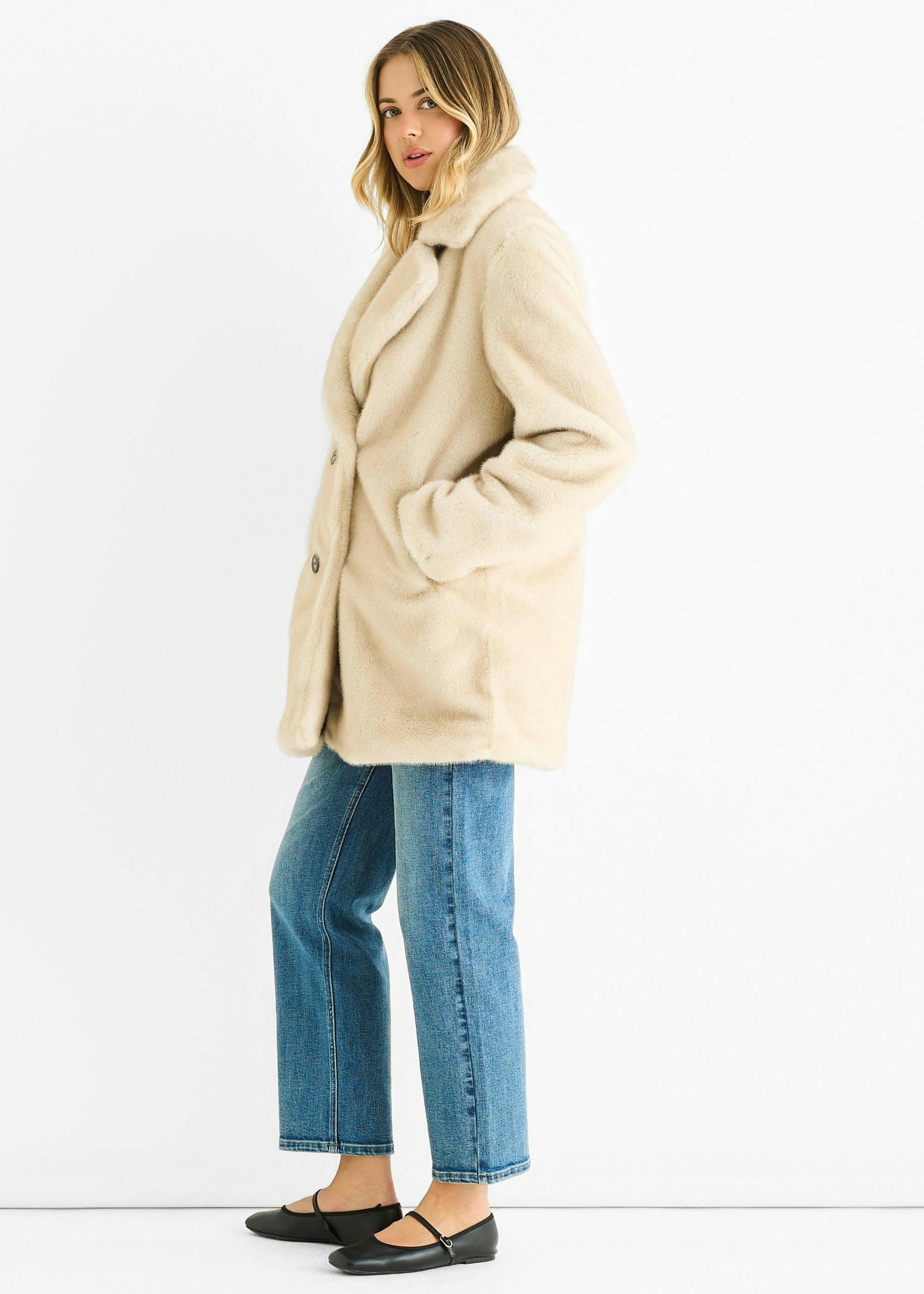 Beige Faux Fur Double Breasted Longline Jacket , view 4 of 4
