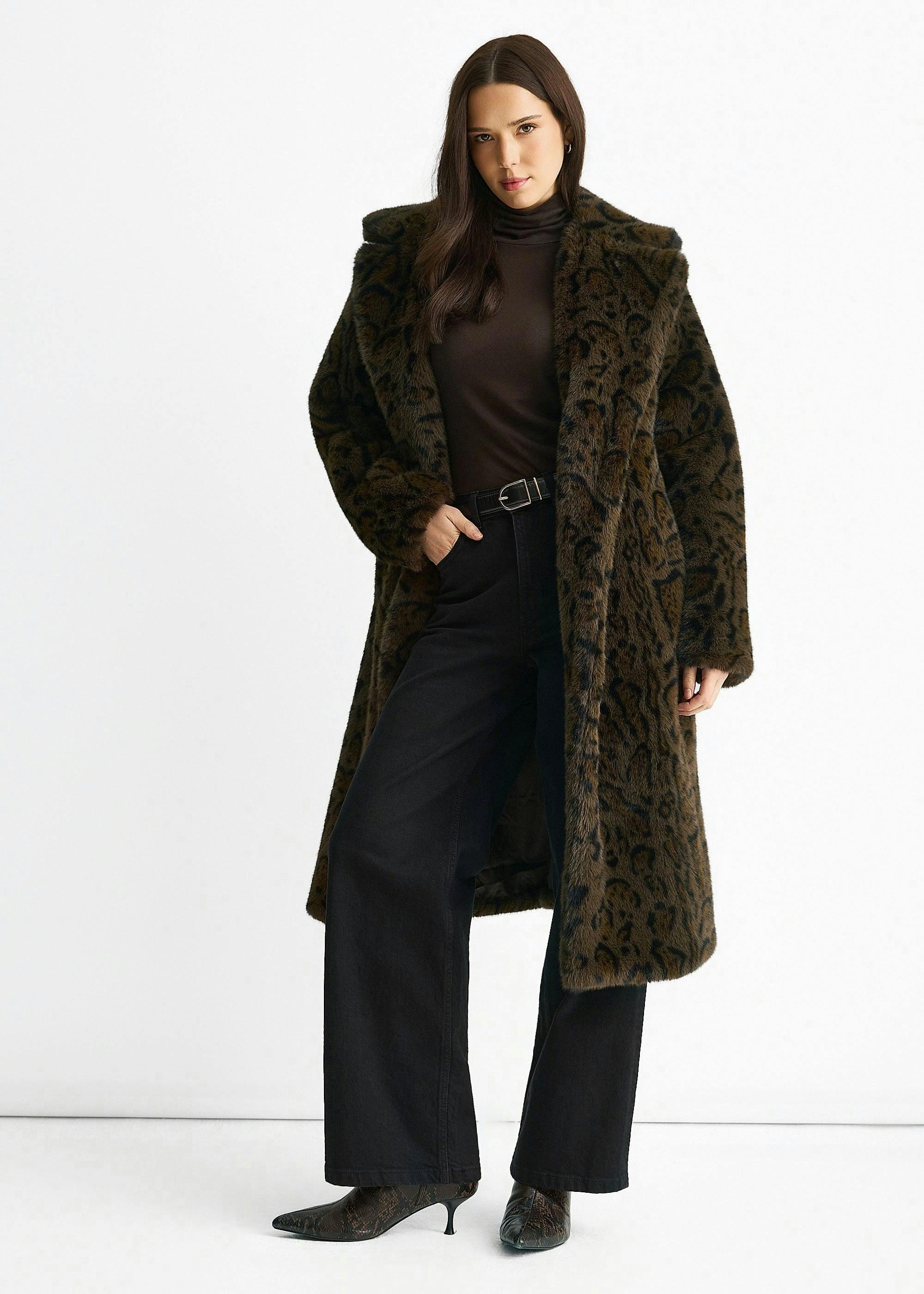 Chocolate Leopard Print Premium Faux Fur Belted Coat , view 2 of 5