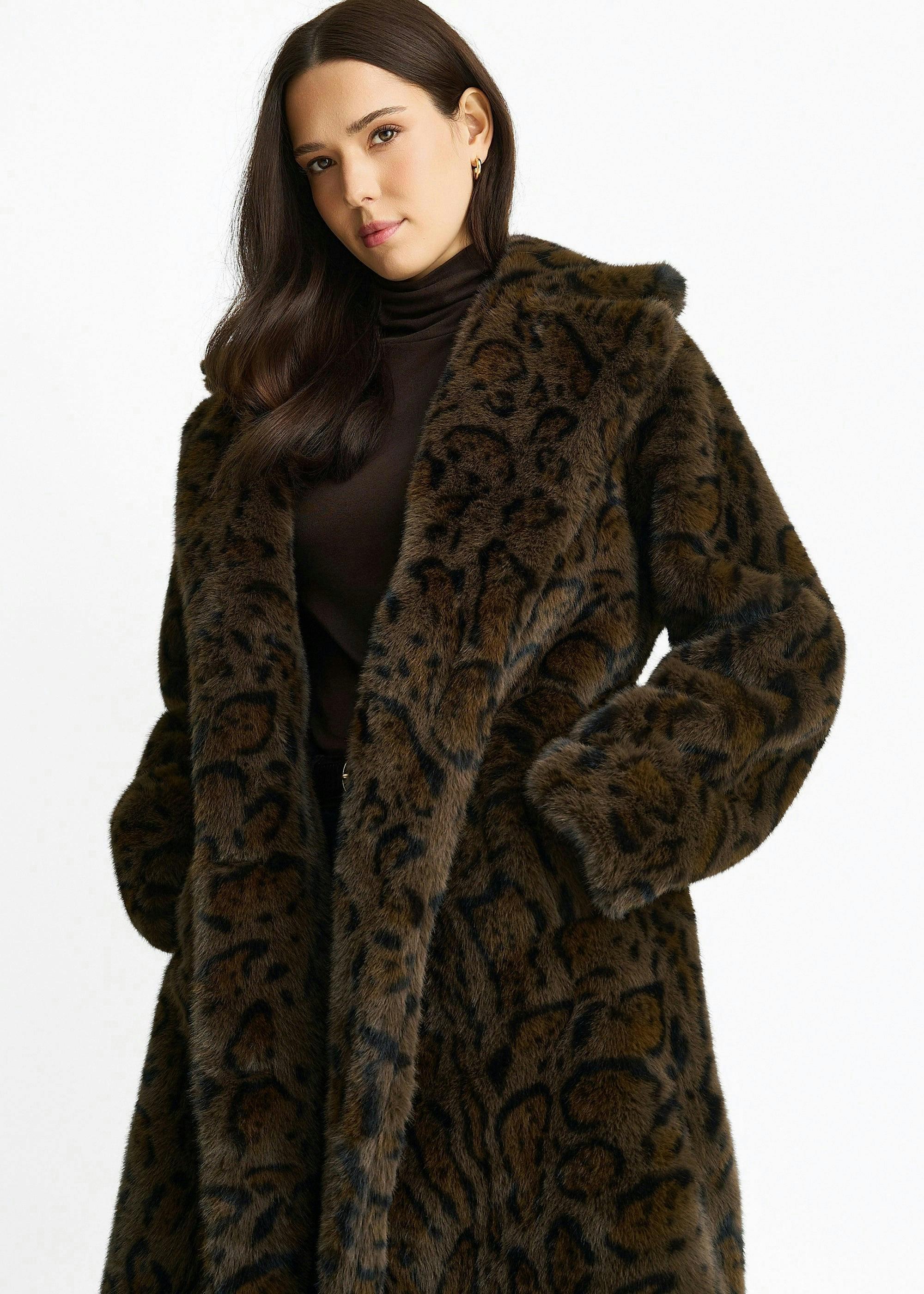 Chocolate Leopard Print Premium Faux Fur Belted Coat , view 3 of 5