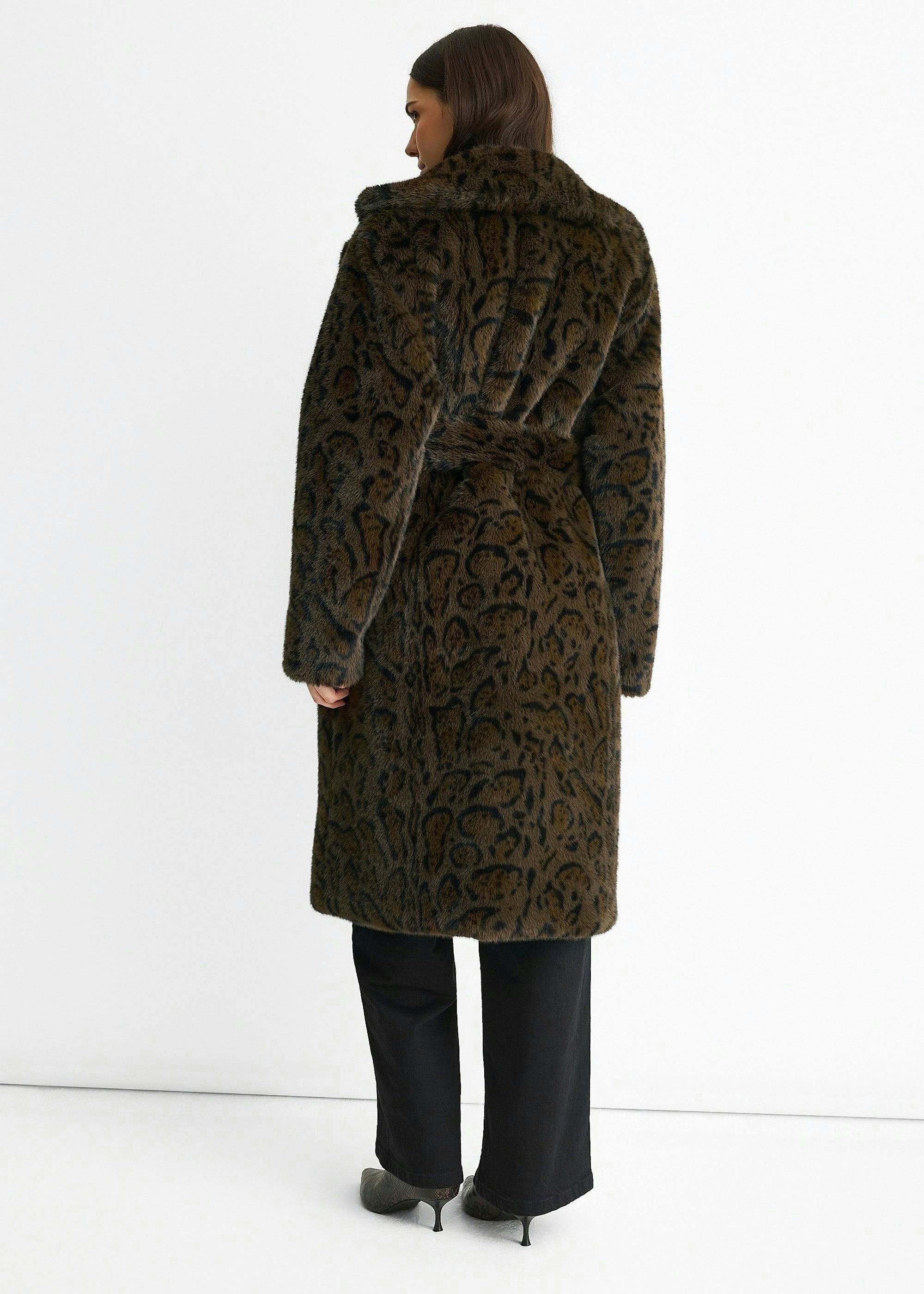 Chocolate Leopard Print Premium Faux Fur Belted Coat , view 4 of 5