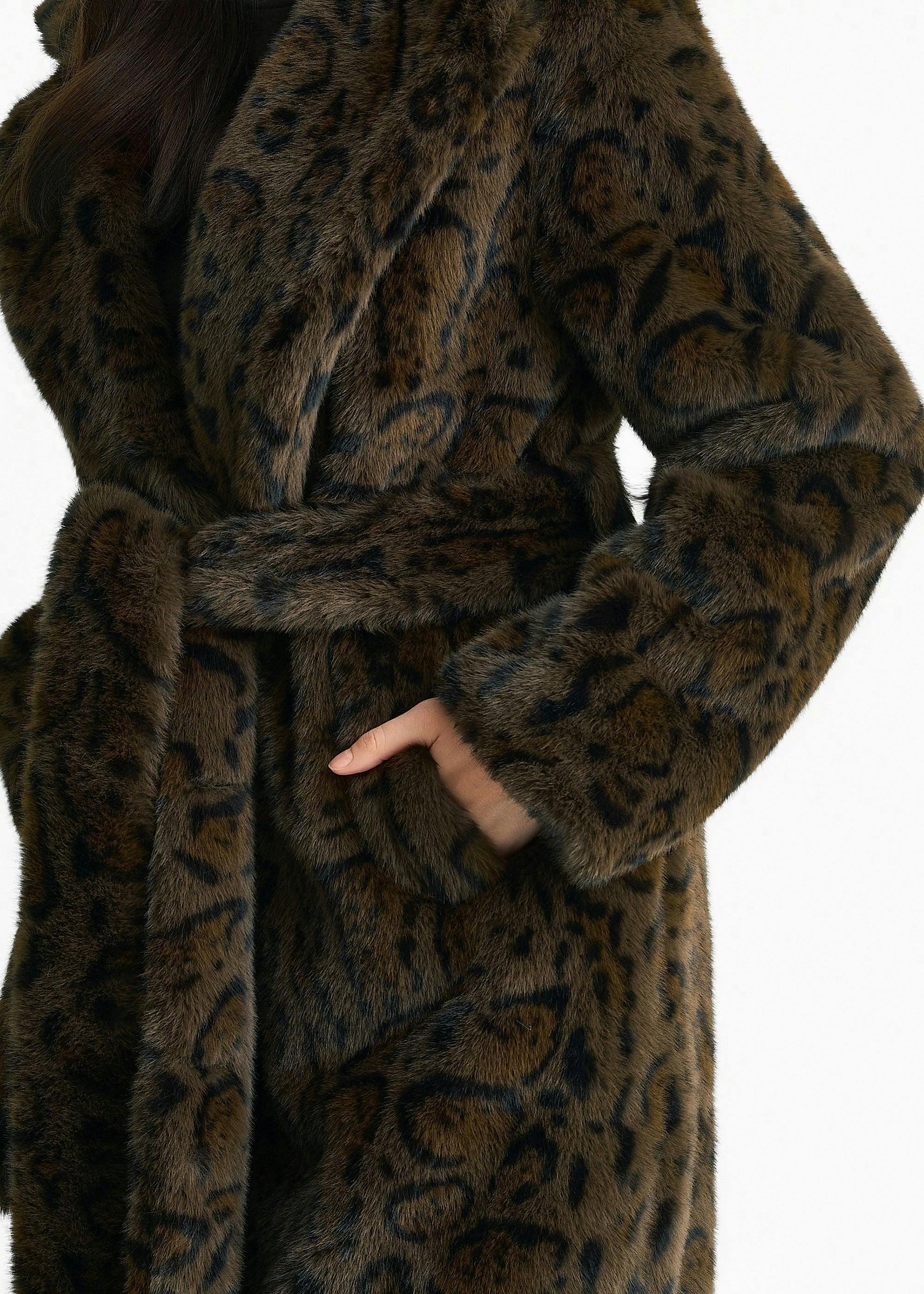 Chocolate Leopard Print Premium Faux Fur Belted Coat , view 5 of 5