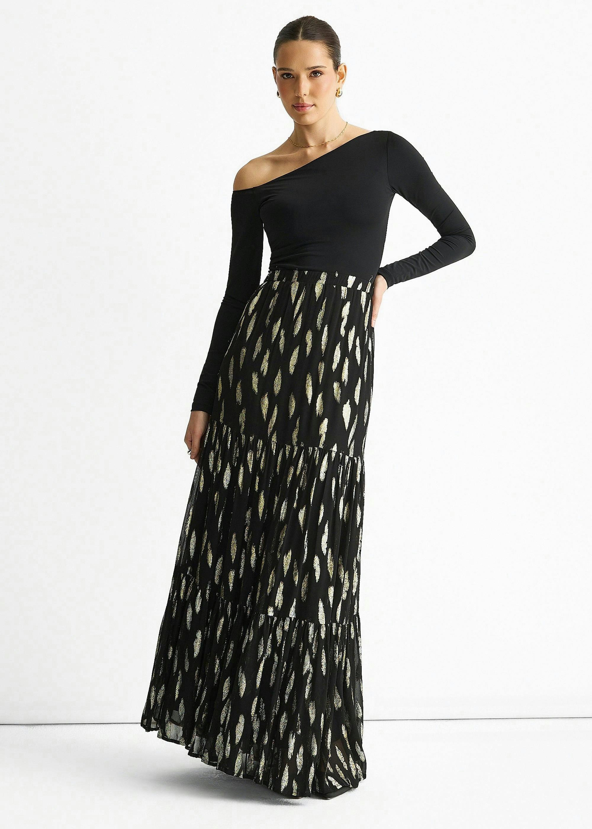 Black Clipped Jacquard Tiered Maxi Skirt , view 3 of 4