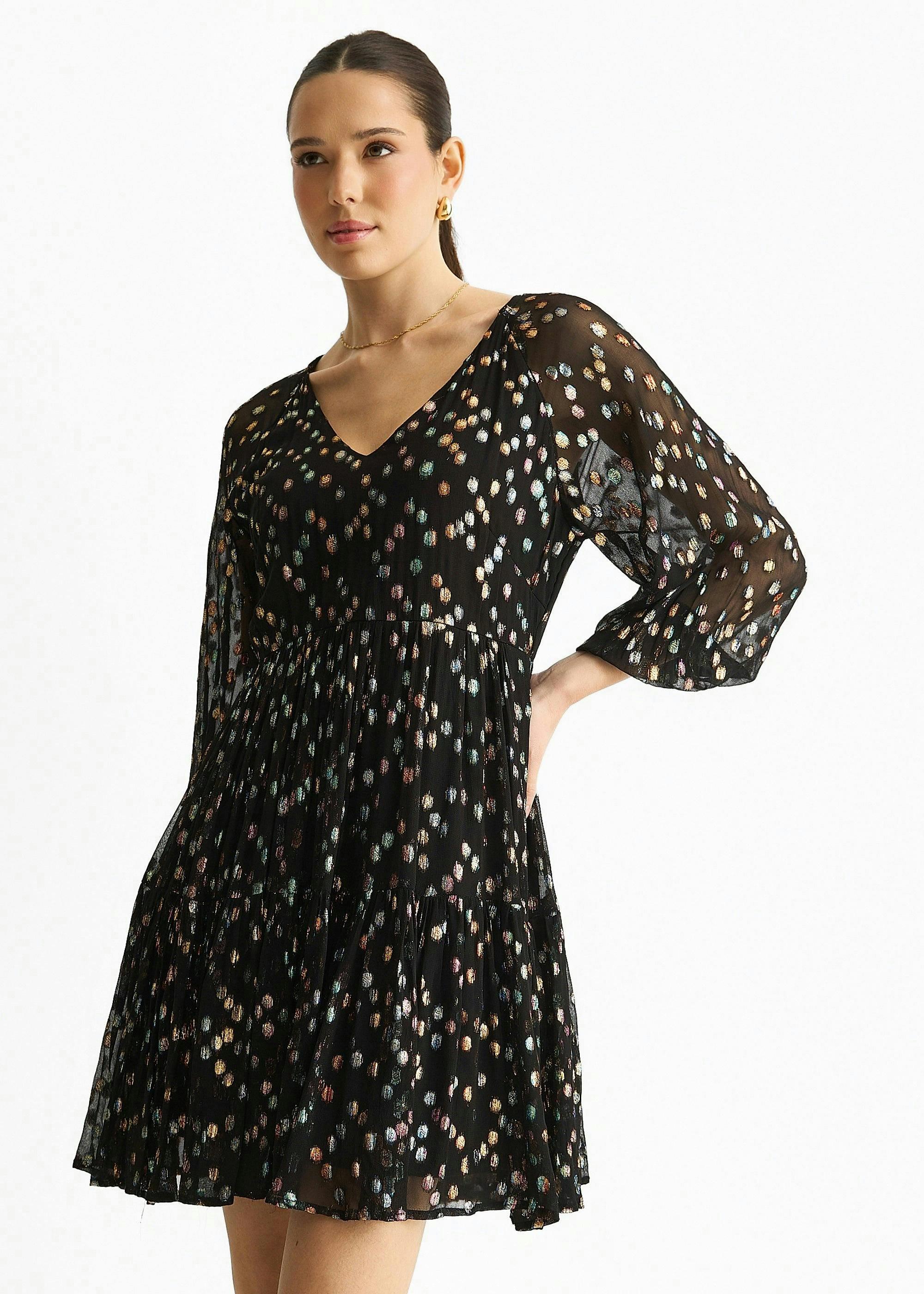 Black Multicolored Polka Dot Tiered Dress , view 3 of 4