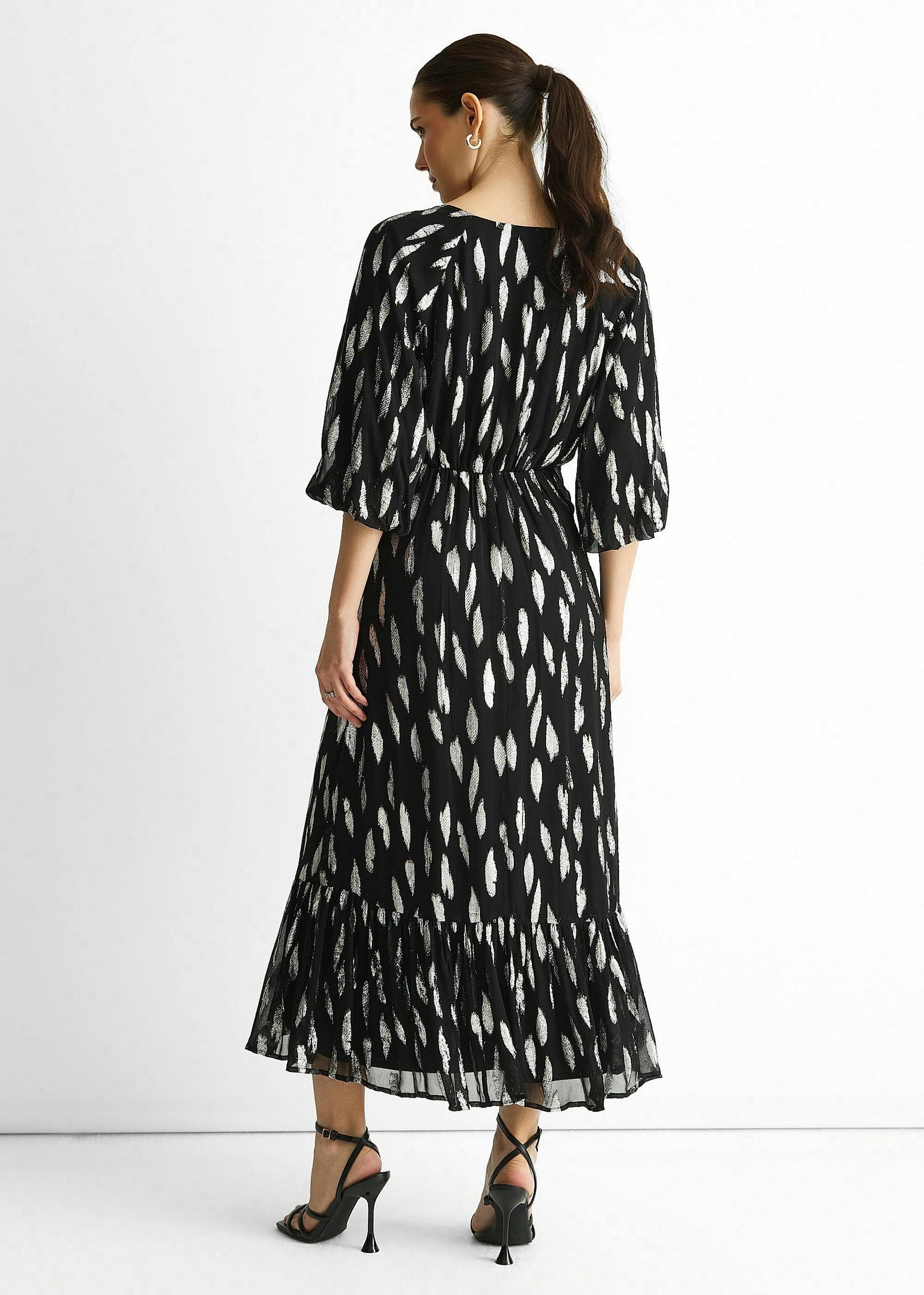 Black Viscose Clipped Balloon Sleeve Maxi Dress , view 2 of 4