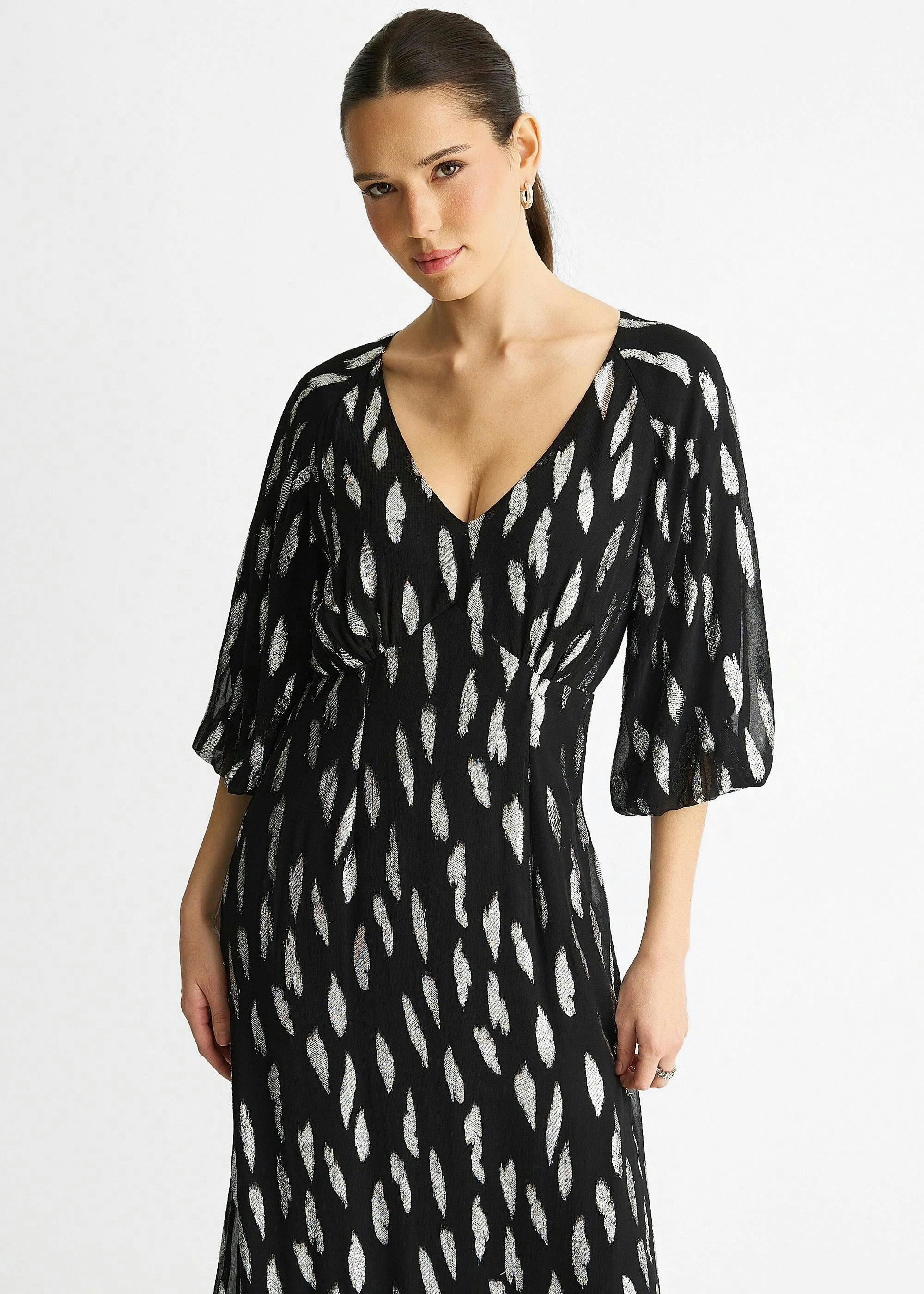 Black Viscose Clipped Balloon Sleeve Maxi Dress , view 3 of 4