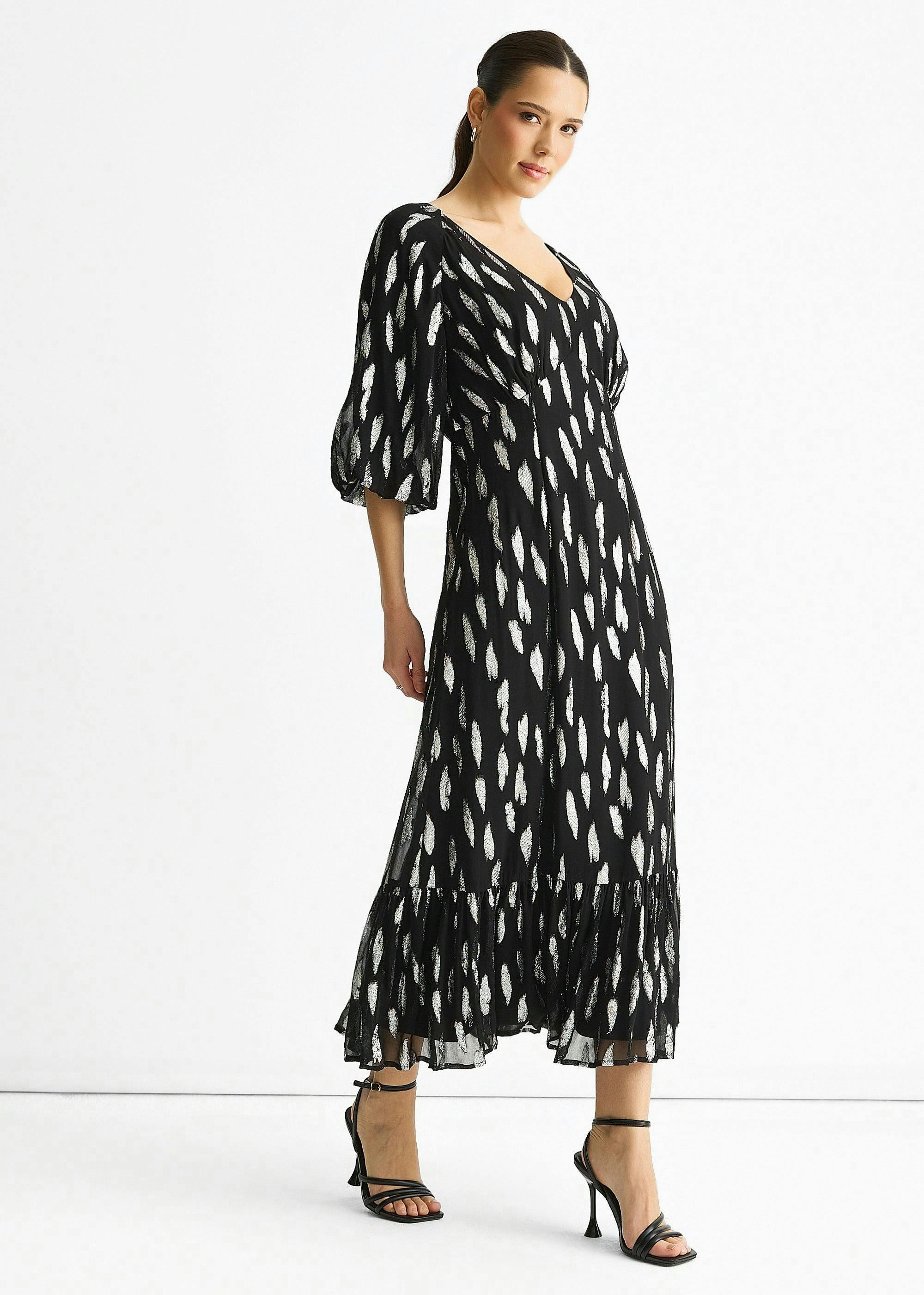 Black Viscose Clipped Balloon Sleeve Maxi Dress , view 4 of 4
