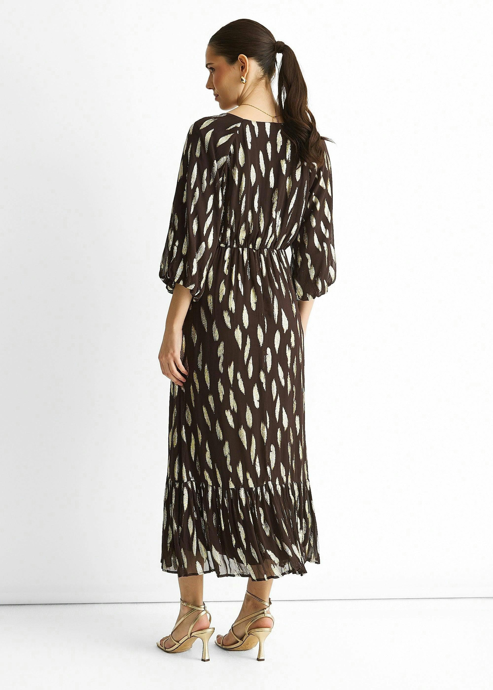 Chocolate Viscose Clipped Balloon Sleeve Maxi Dress , view 2 of 4
