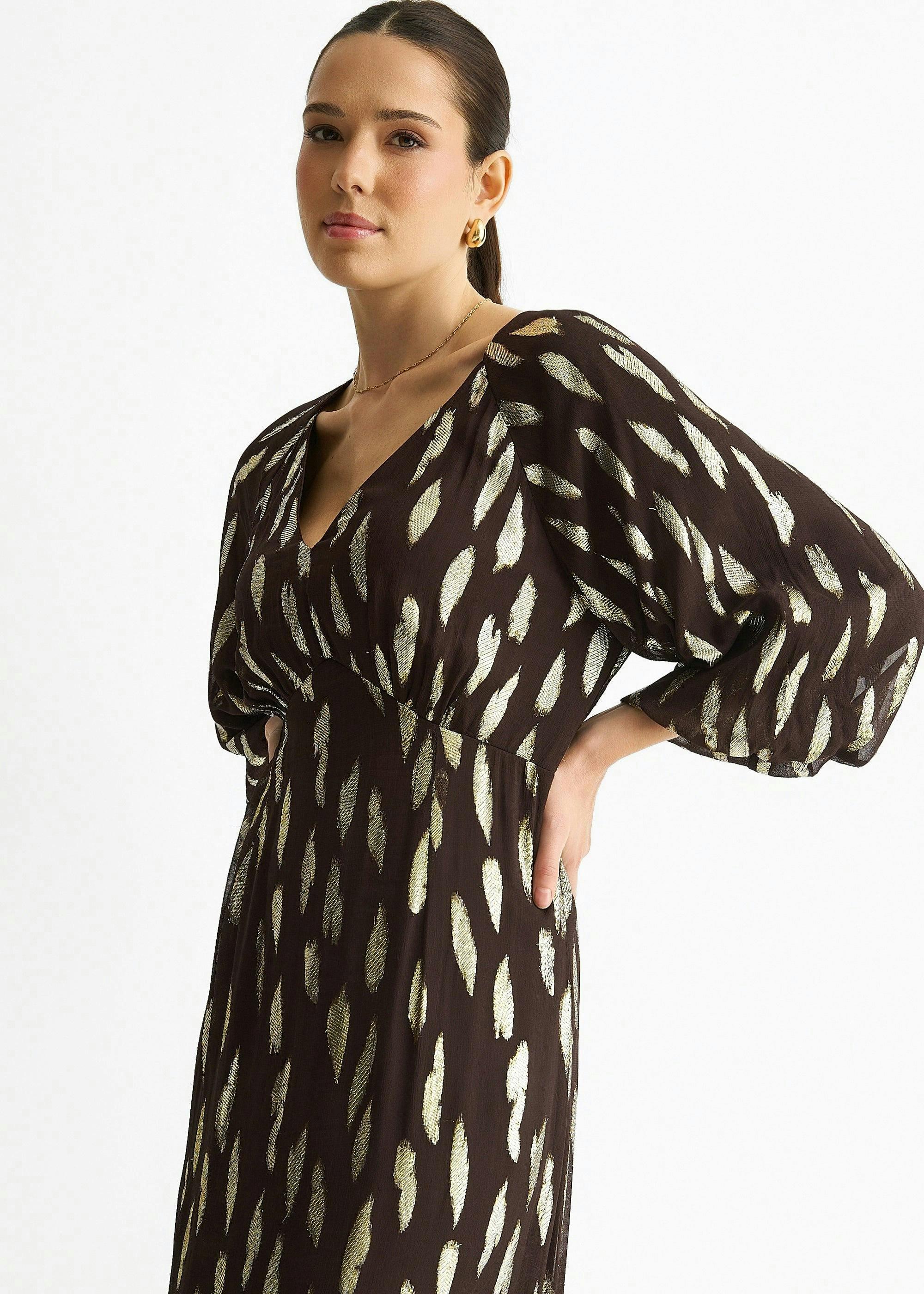 Chocolate Viscose Clipped Balloon Sleeve Maxi Dress , view 3 of 4