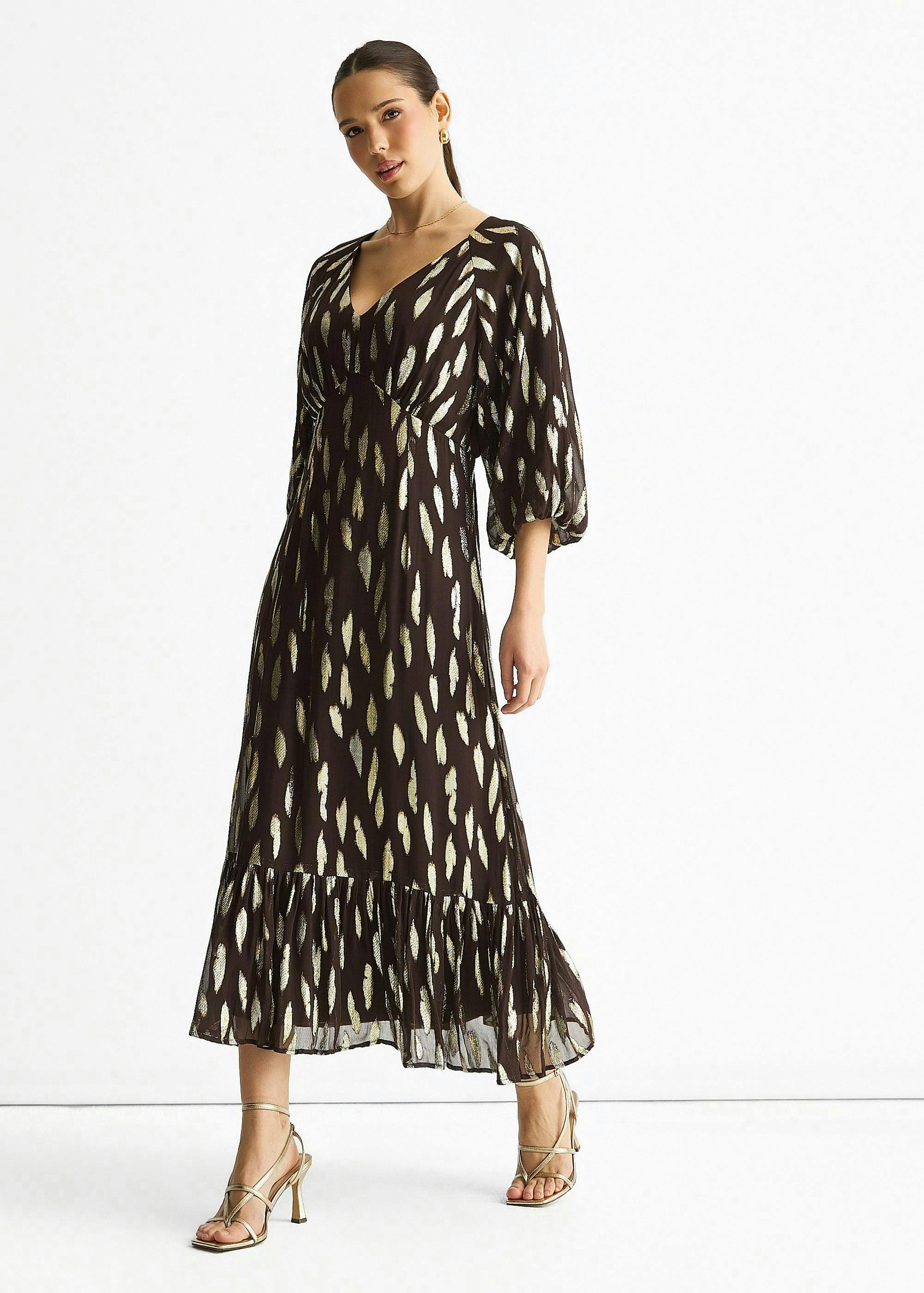 Chocolate Viscose Clipped Balloon Sleeve Maxi Dress , view 4 of 4