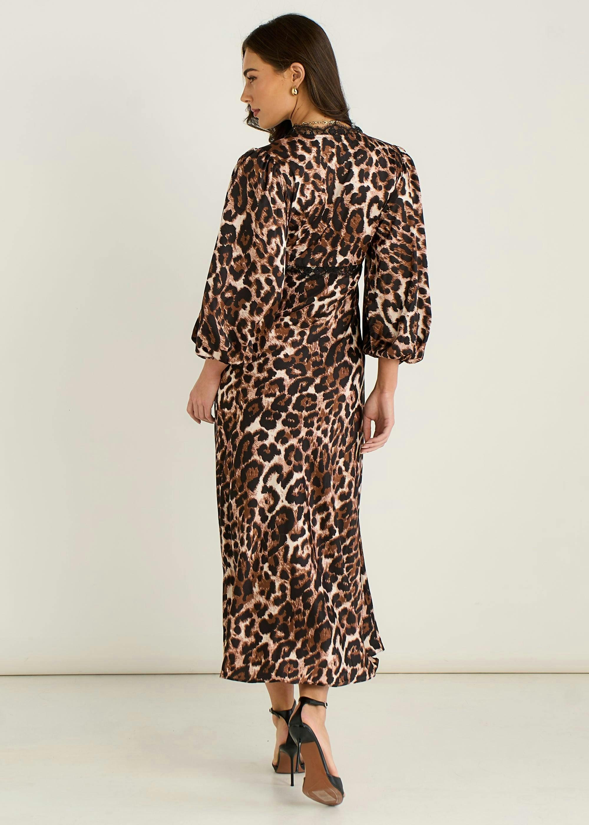 Brown Animal Lace Trim Satin Bias Midi Dress , view 2 of 4