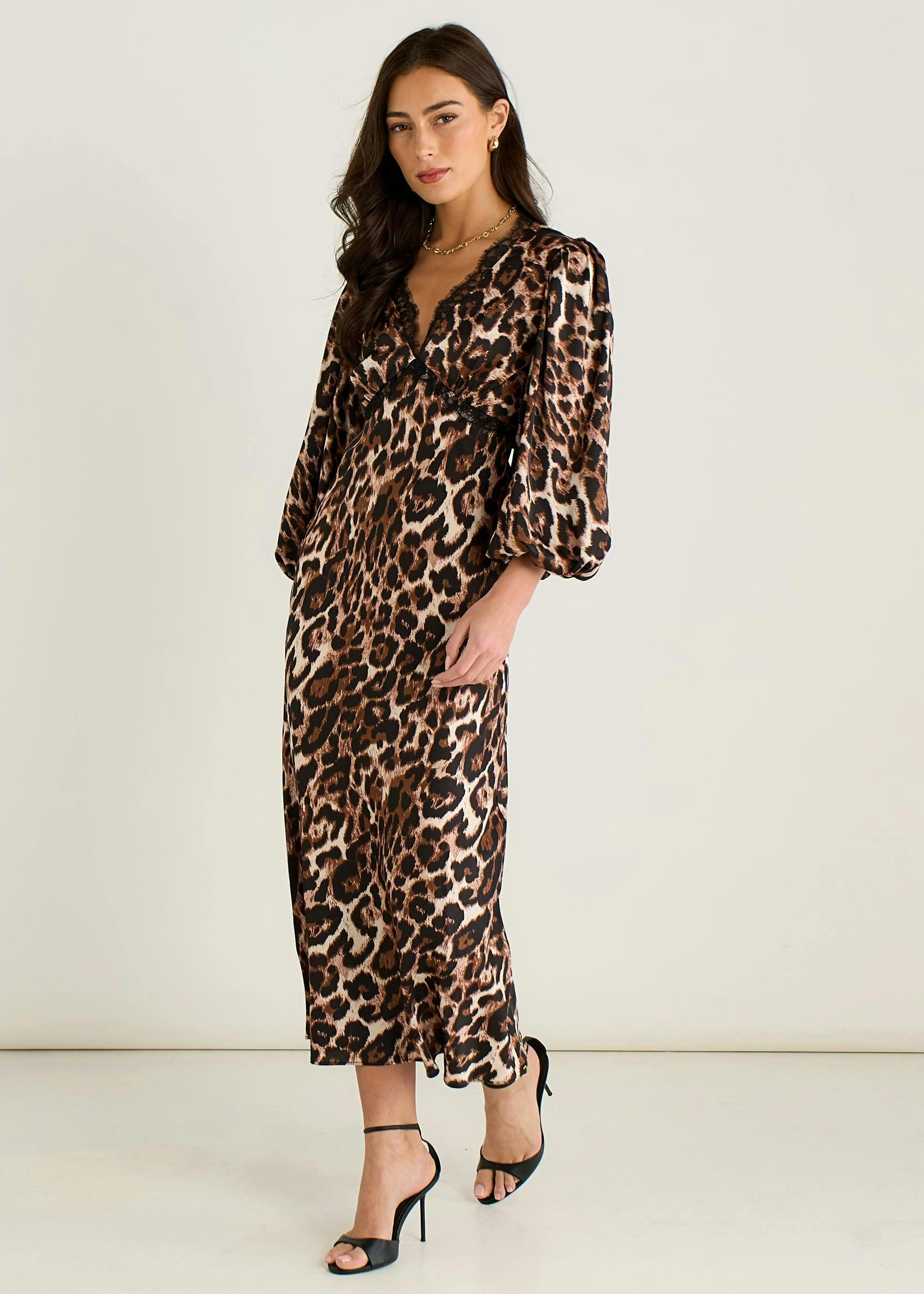 Brown Animal Lace Trim Satin Bias Midi Dress , view 4 of 4
