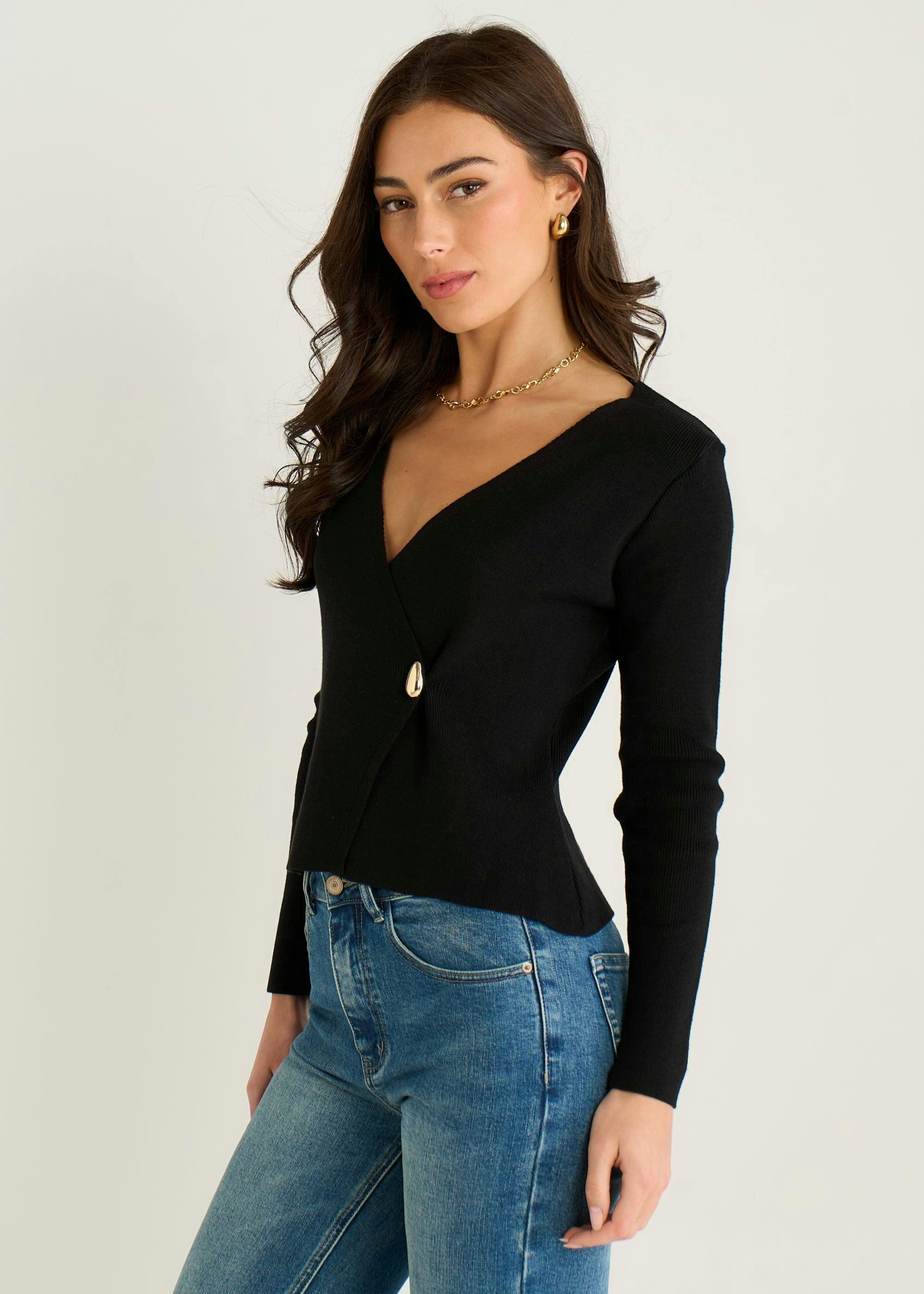 Black Button Wrap Compact Knit Cardigan , view 4 of 4