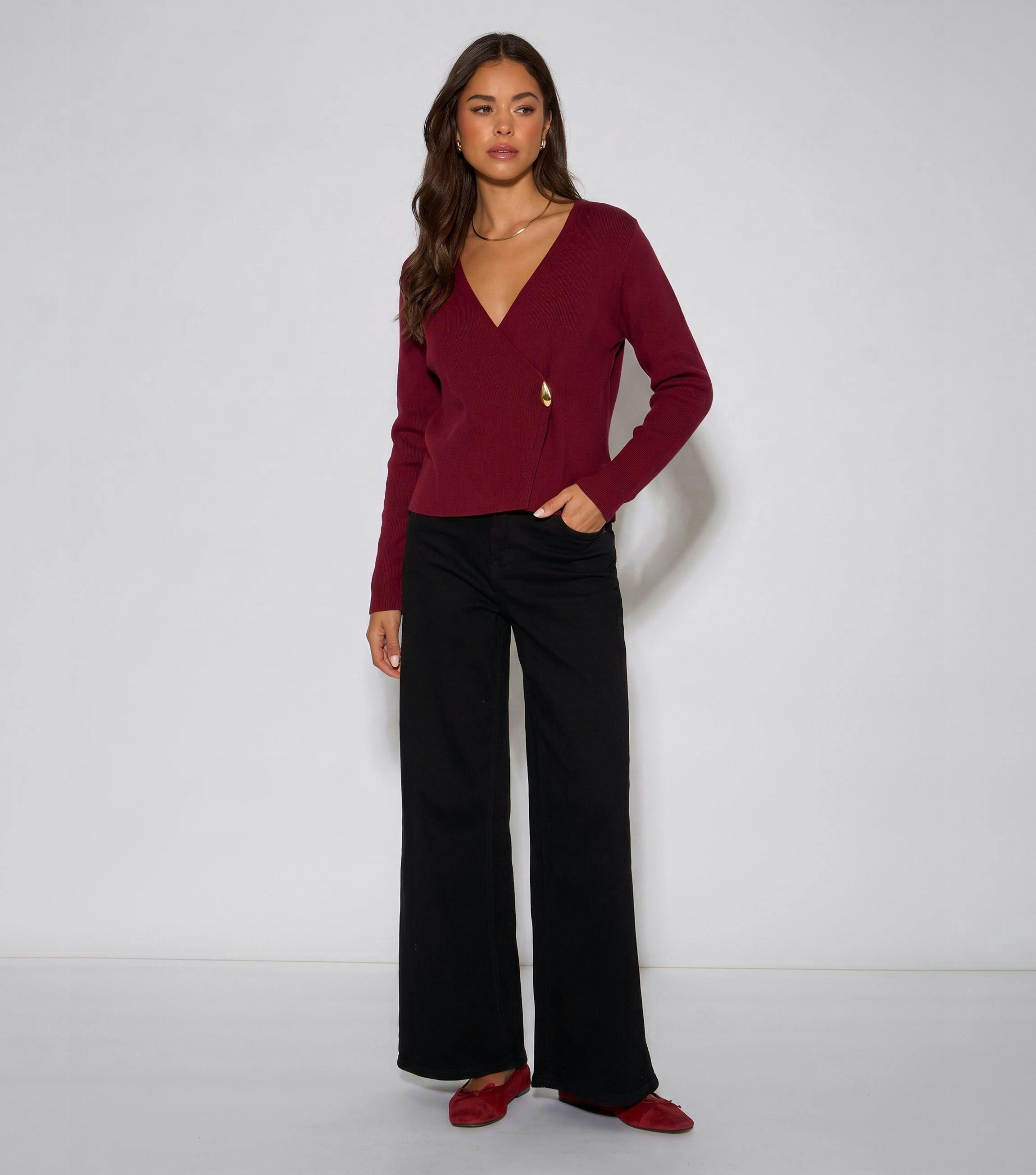 Burgundy Button Wrap Compact Knit Cardigan , view 3 of 4
