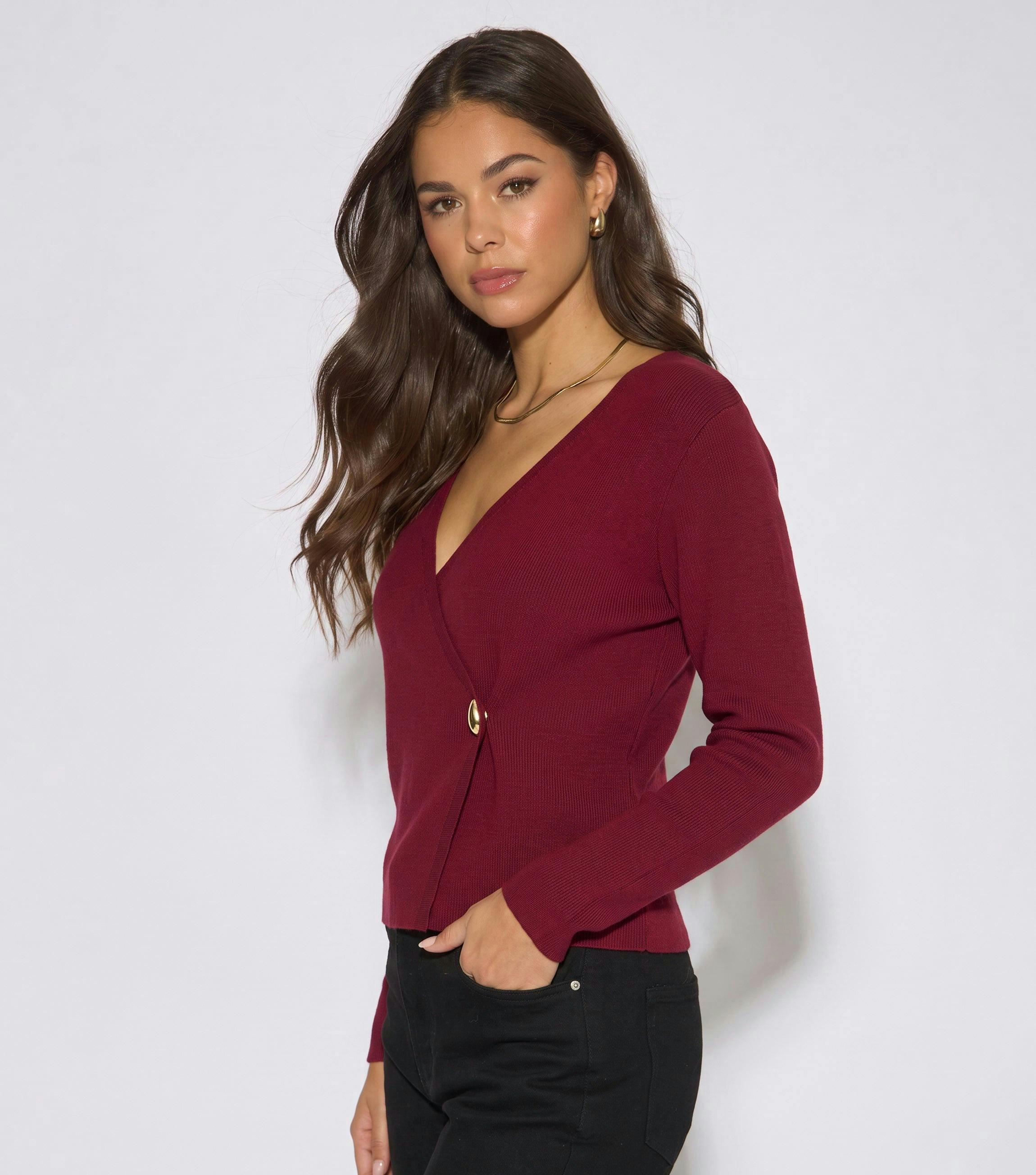 Burgundy Button Wrap Compact Knit Cardigan , view 4 of 4