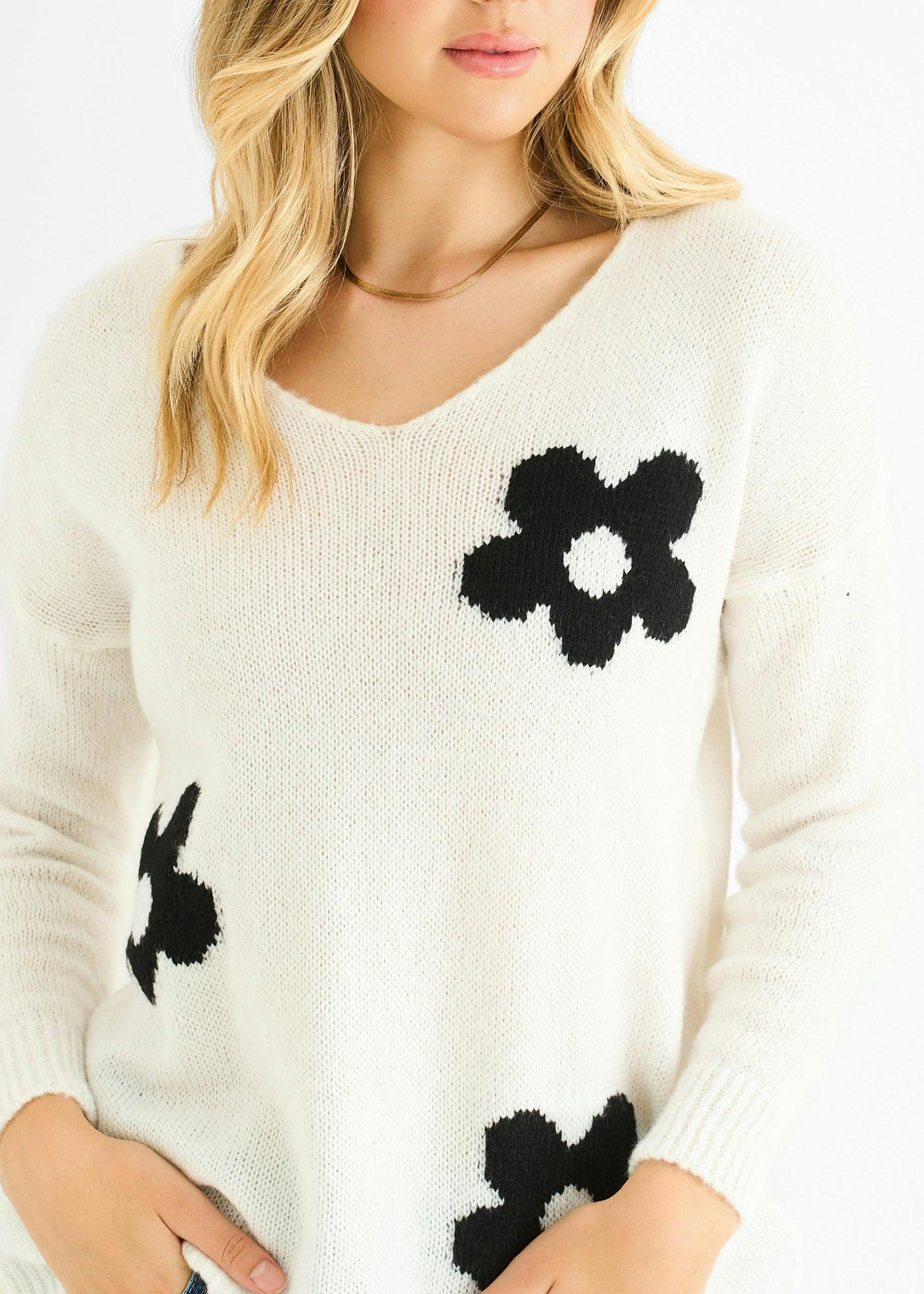 White Contrast Flower Pattern Knit Jumper , view 3 of 4