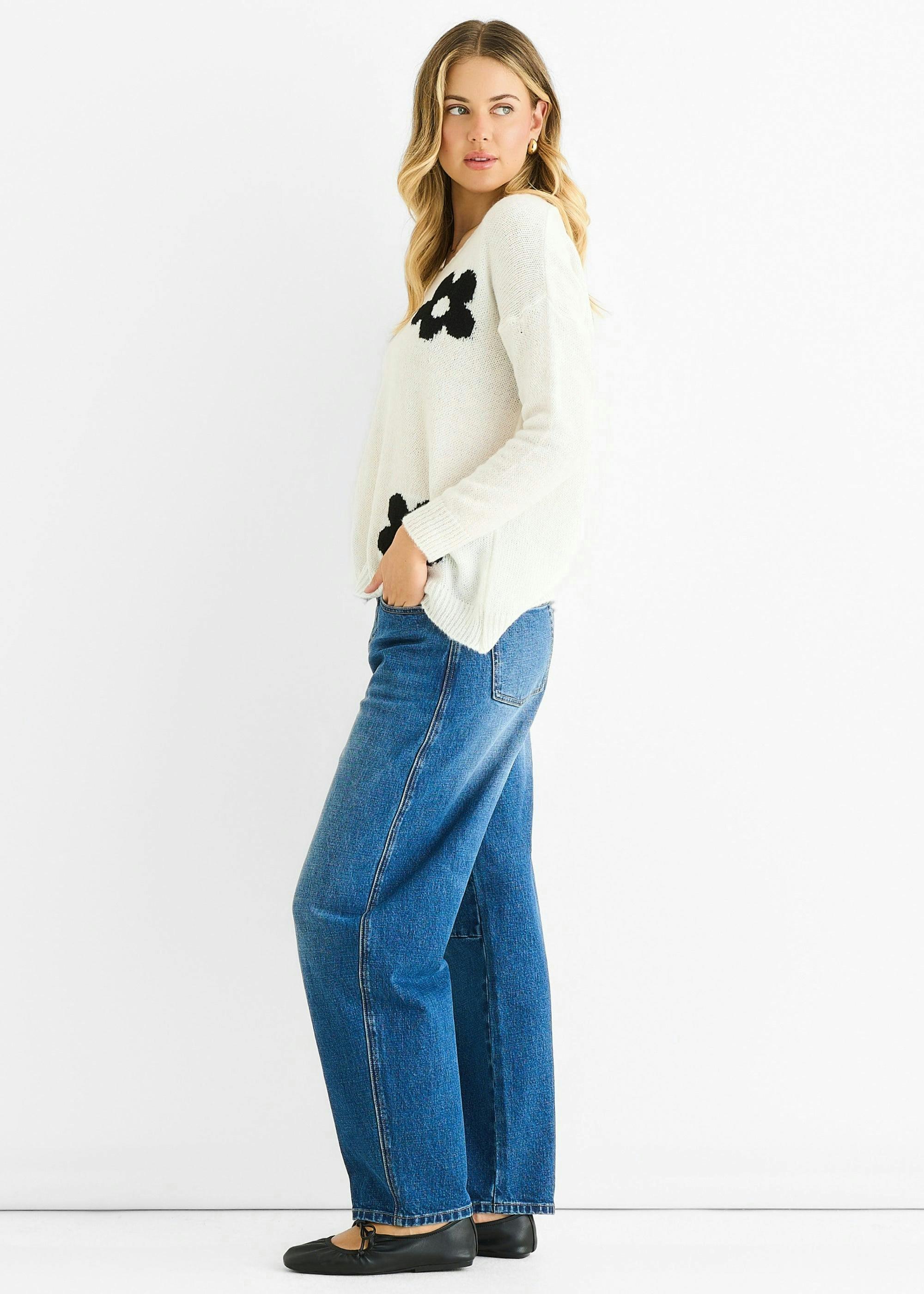 White Contrast Flower Pattern Knit Jumper , view 4 of 4
