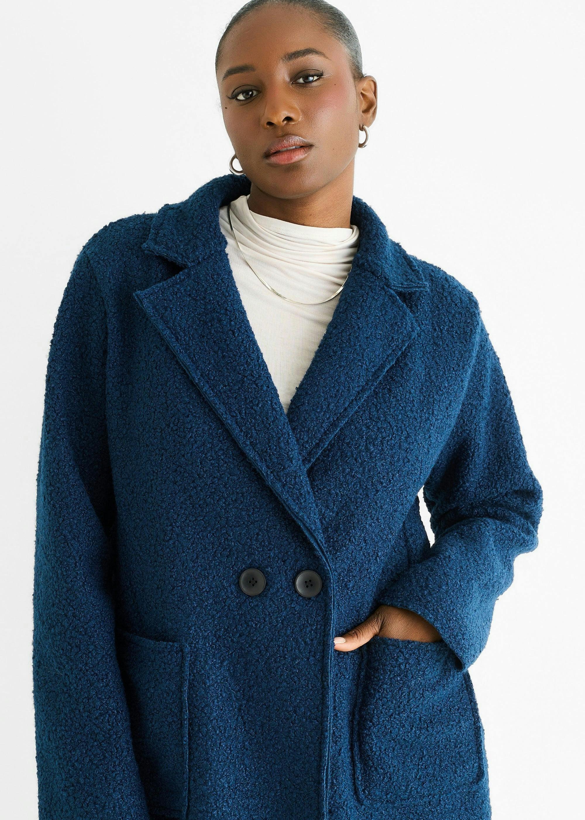Navy Shearling Mid Length Double Breasted Jacket , view 3 of 4