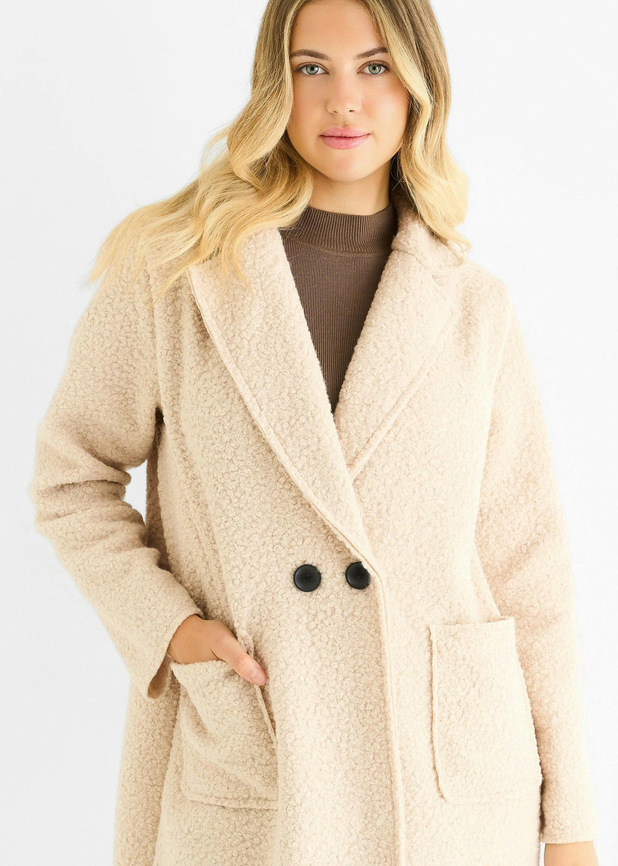 Beige Shearling Mid Length Double Breasted Jacket , view 2 of 4
