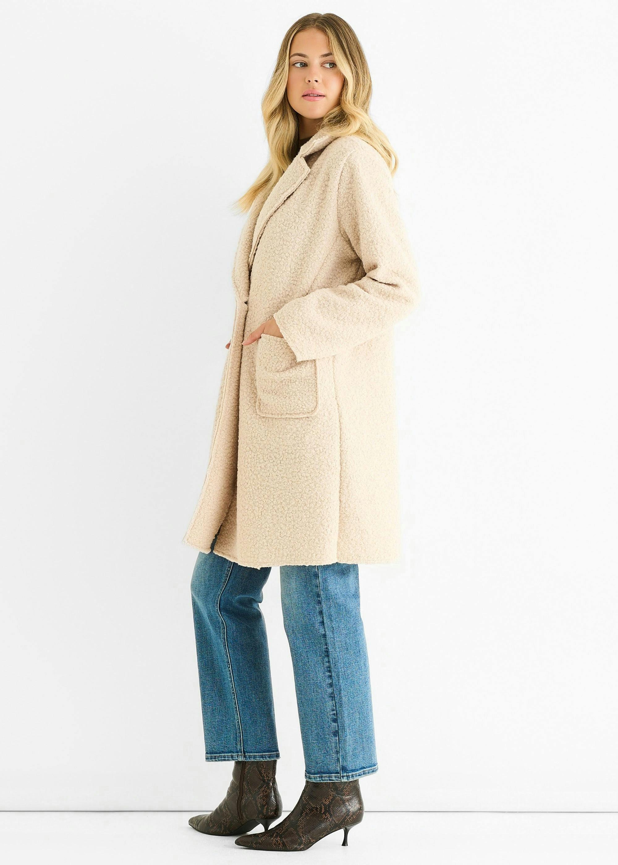 Beige Shearling Mid Length Double Breasted Jacket , view 3 of 4