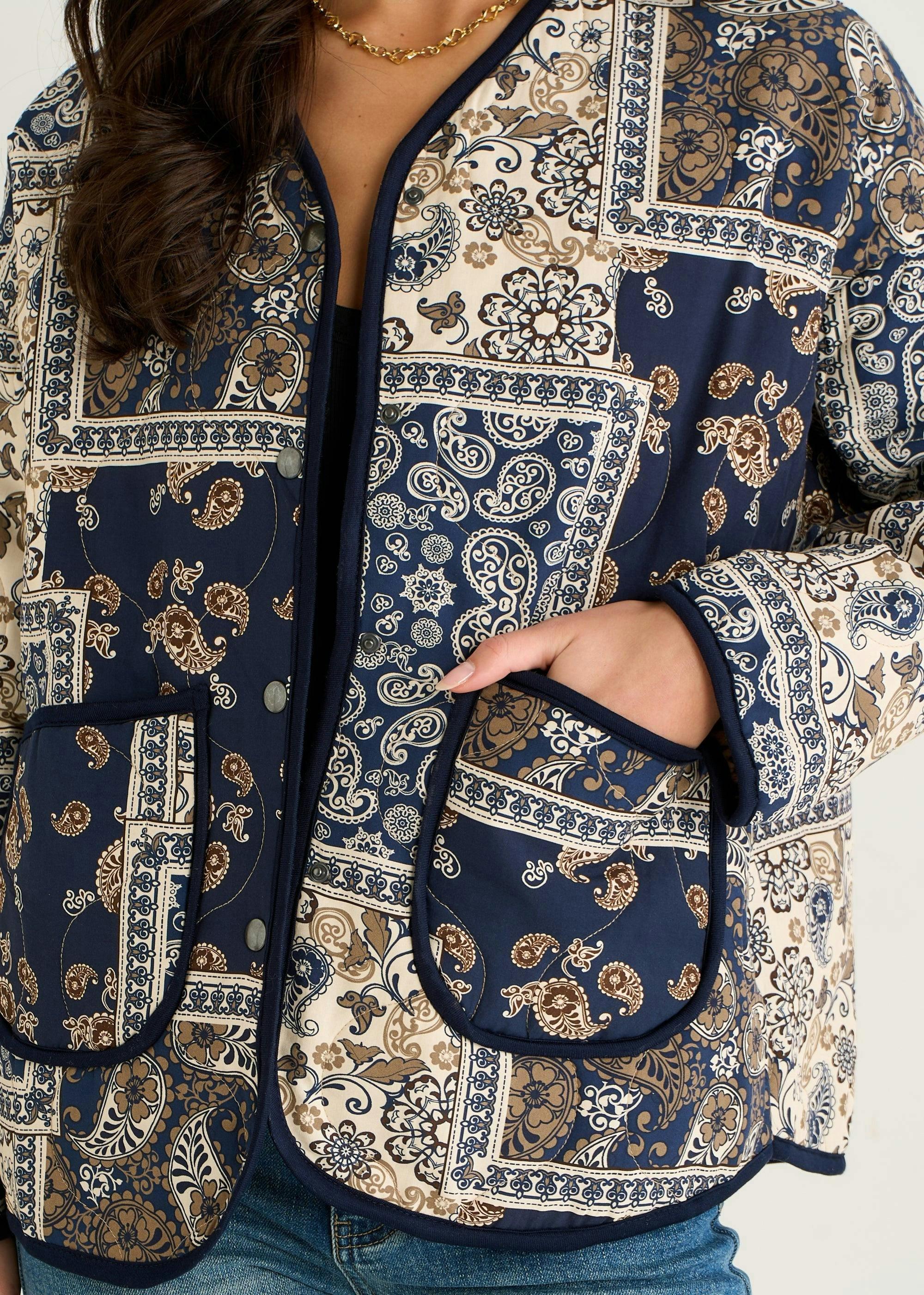 Navy Paisley Tile Print Lightweight Viscose Quilted Jacket , view 2 of 4