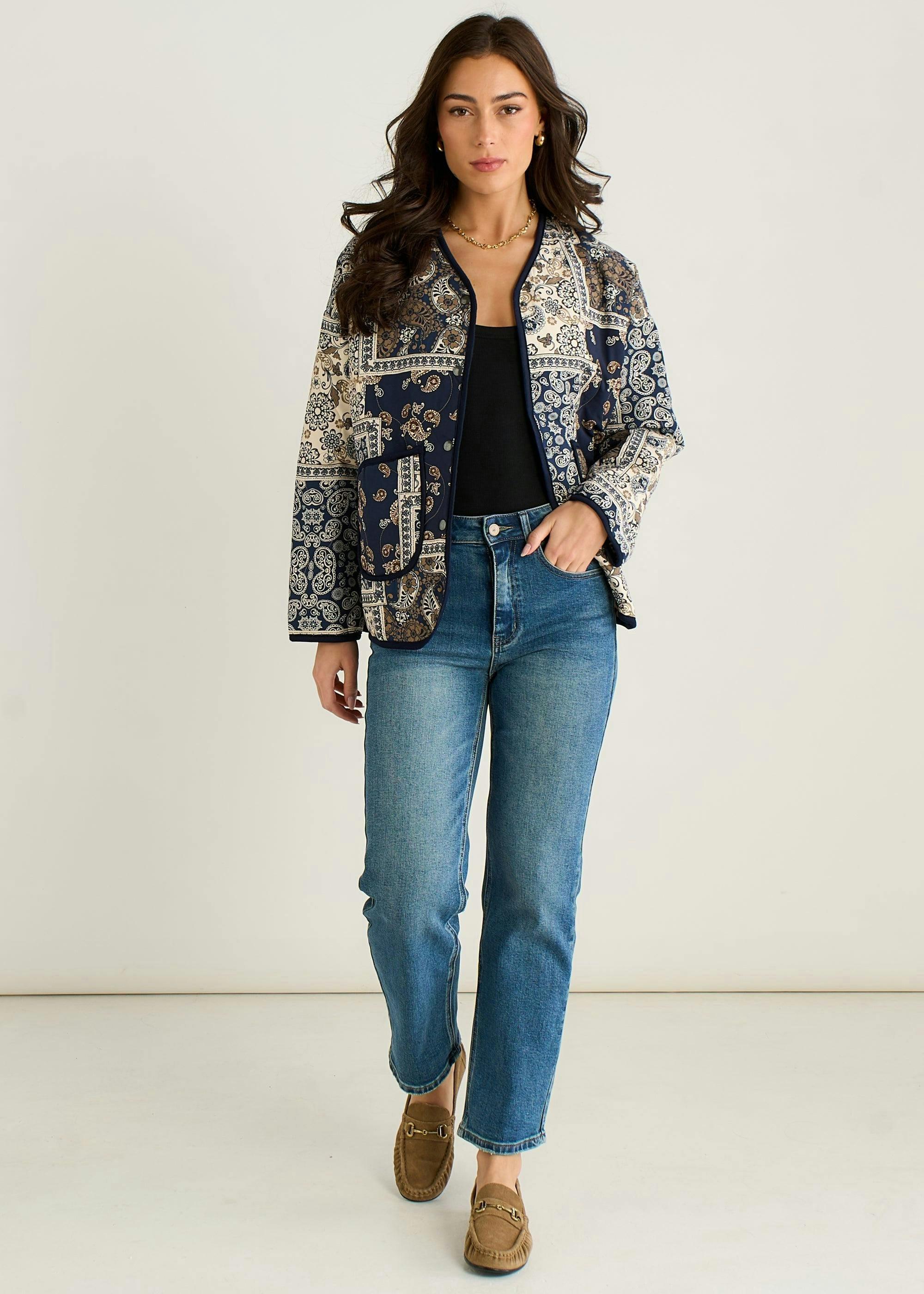 Navy Paisley Tile Print Lightweight Viscose Quilted Jacket , view 3 of 4