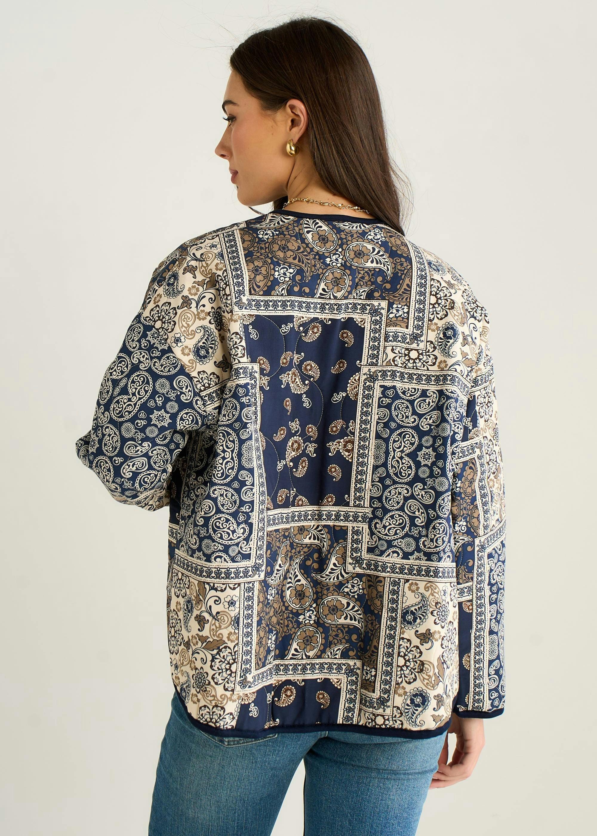 Navy Paisley Tile Print Lightweight Viscose Quilted Jacket , view 4 of 4