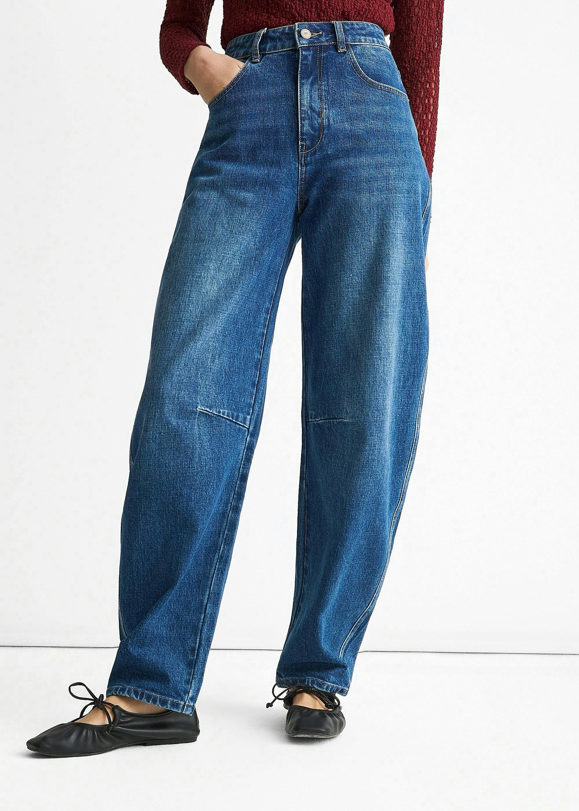 Blue Mid Rise Barrel Leg Jeans , view 3 of 4