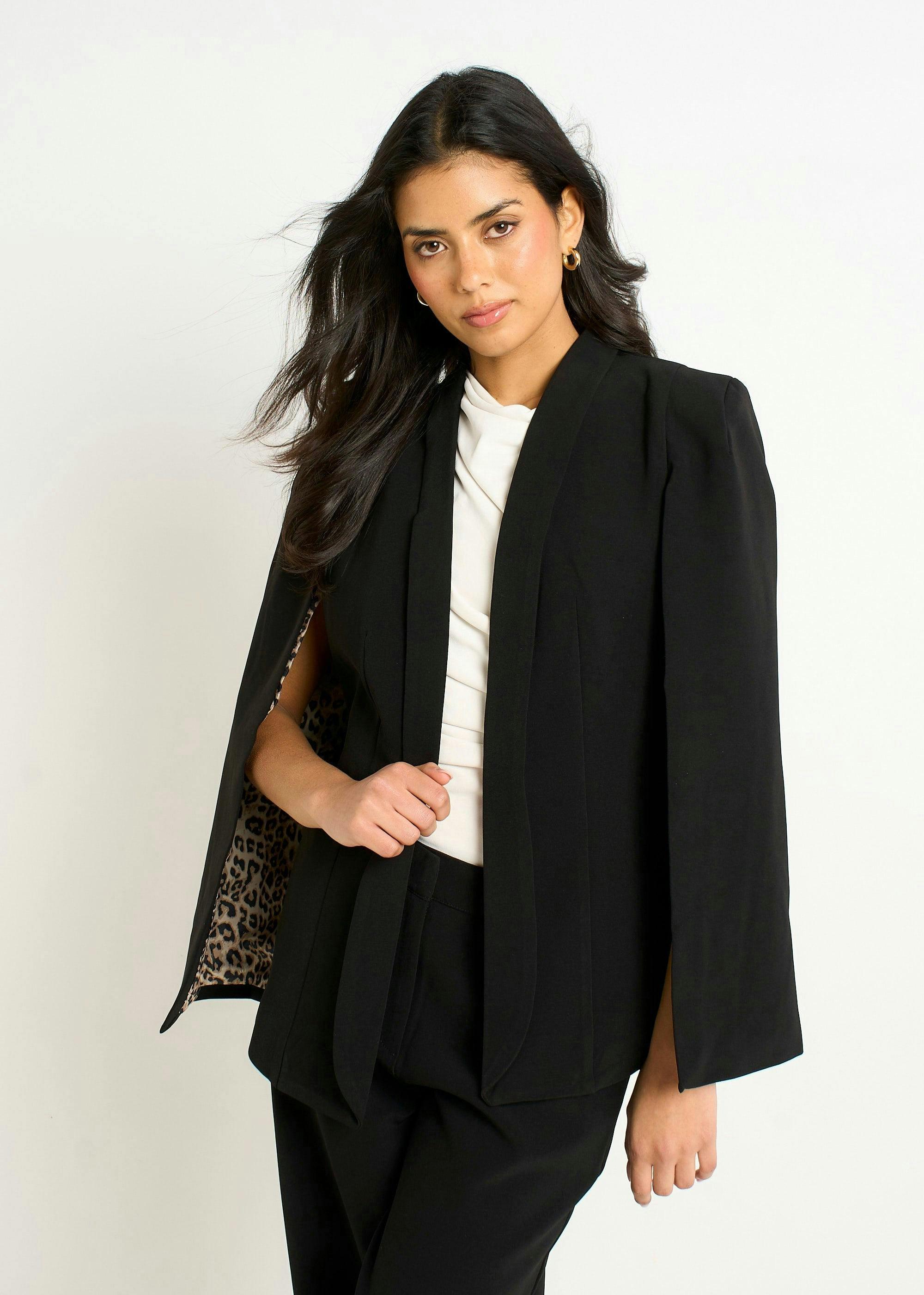 Black Tailored Cape with Leopard Print Lining , view 3 of 6
