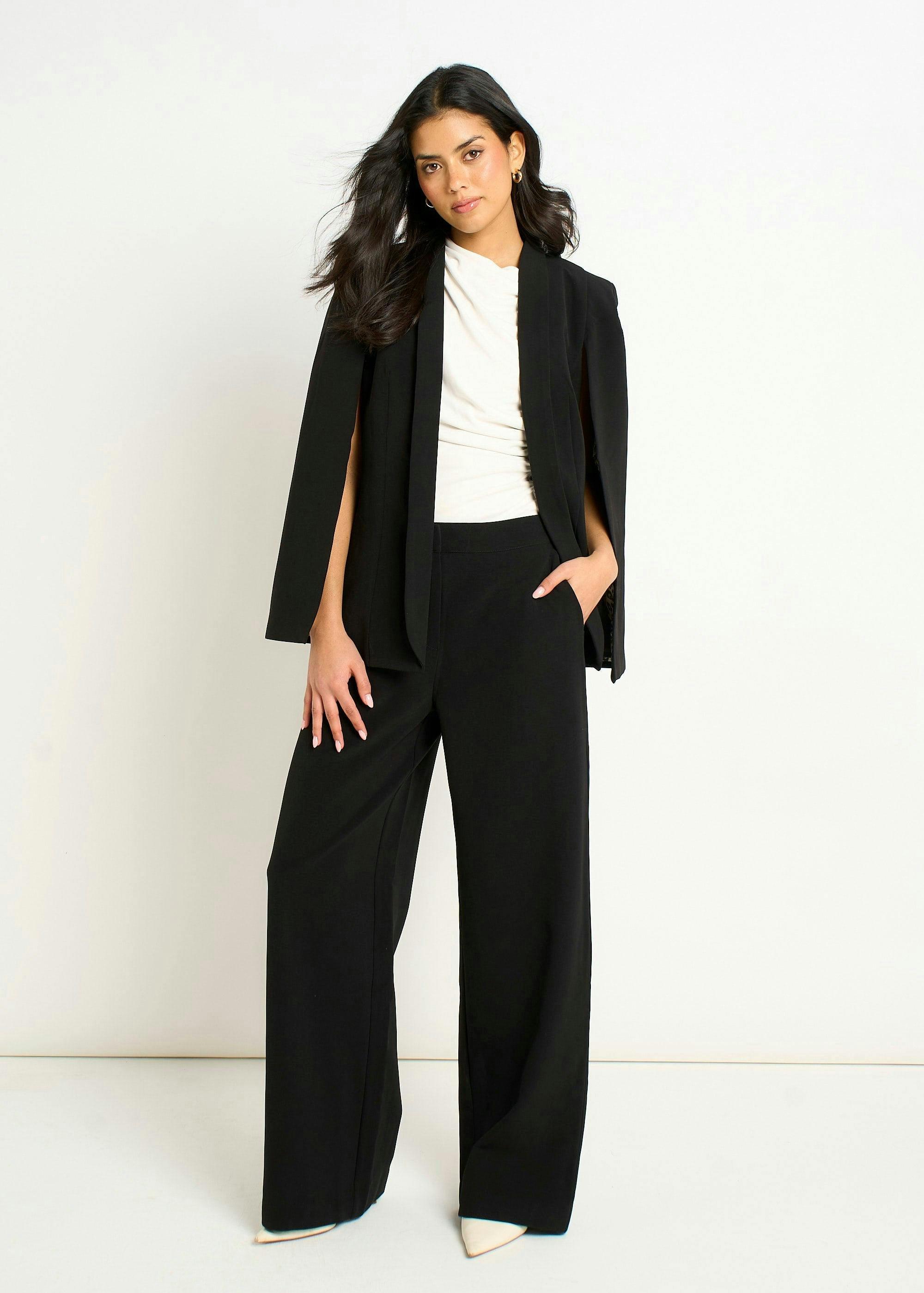 Black Tailored Cape with Leopard Print Lining , view 4 of 6