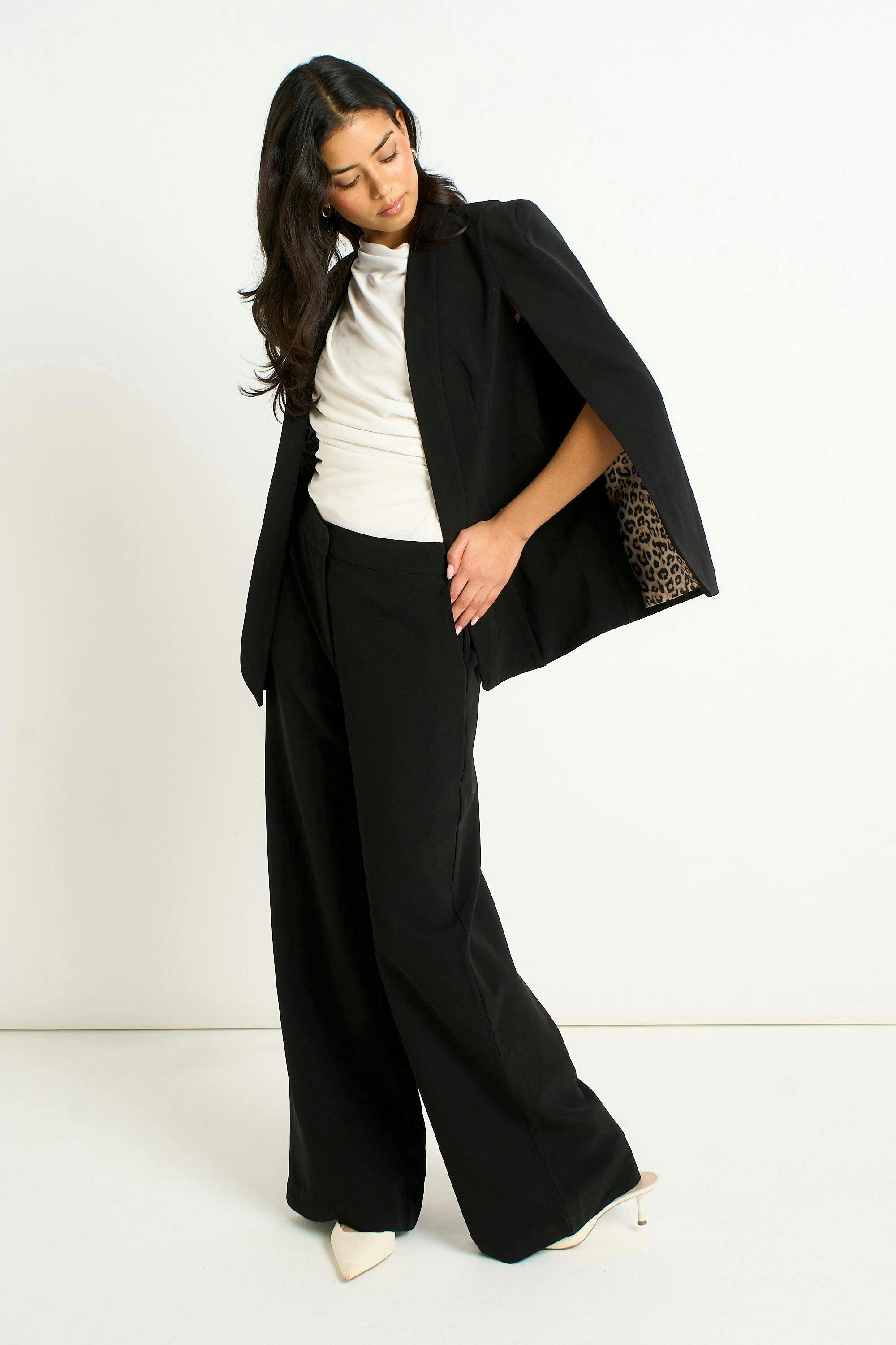 Black Tailored Cape with Leopard Print Lining , view 5 of 6