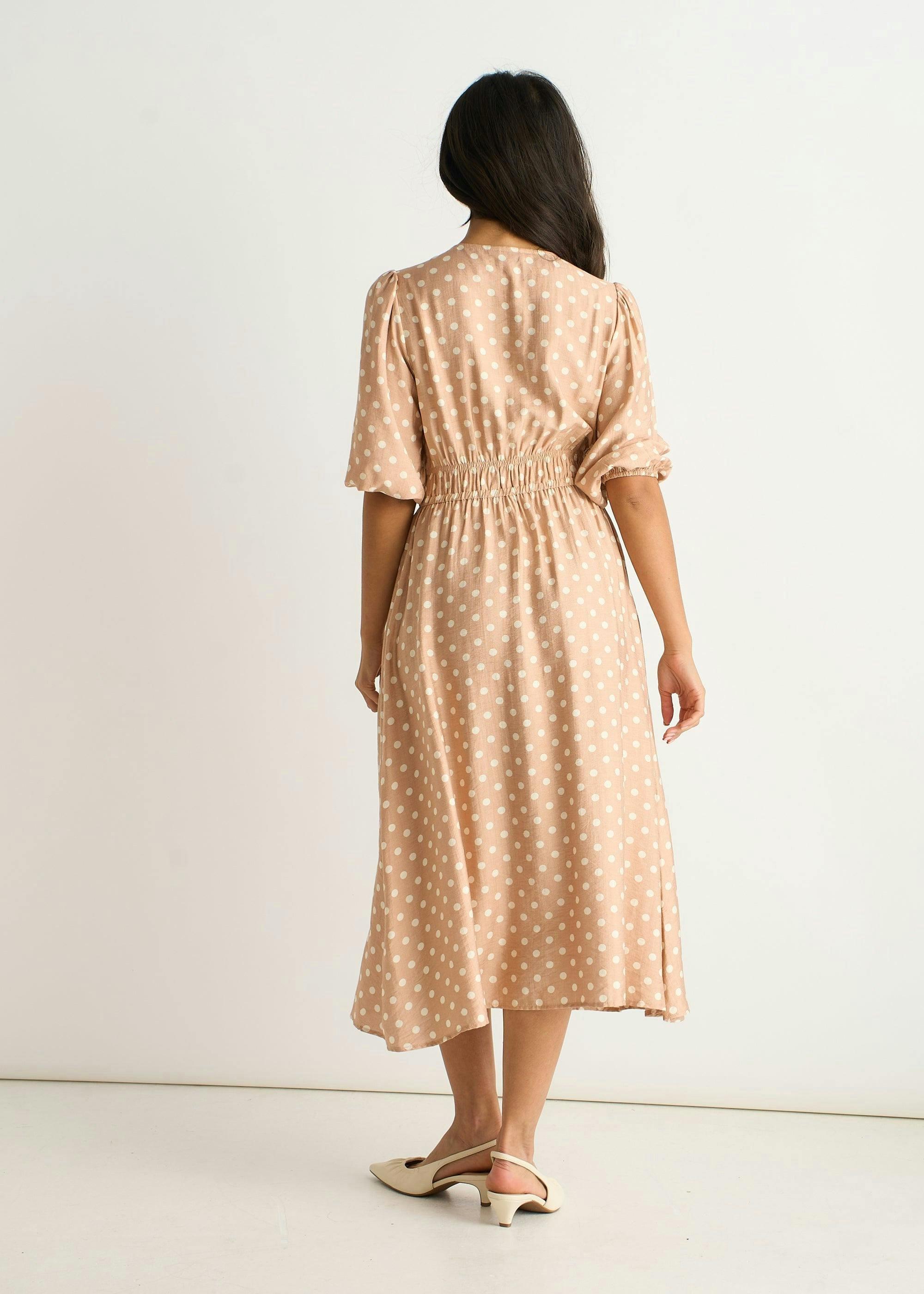 Oatmeal Spot Print Shirred Waist Shift Midi Dress , view 2 of 4