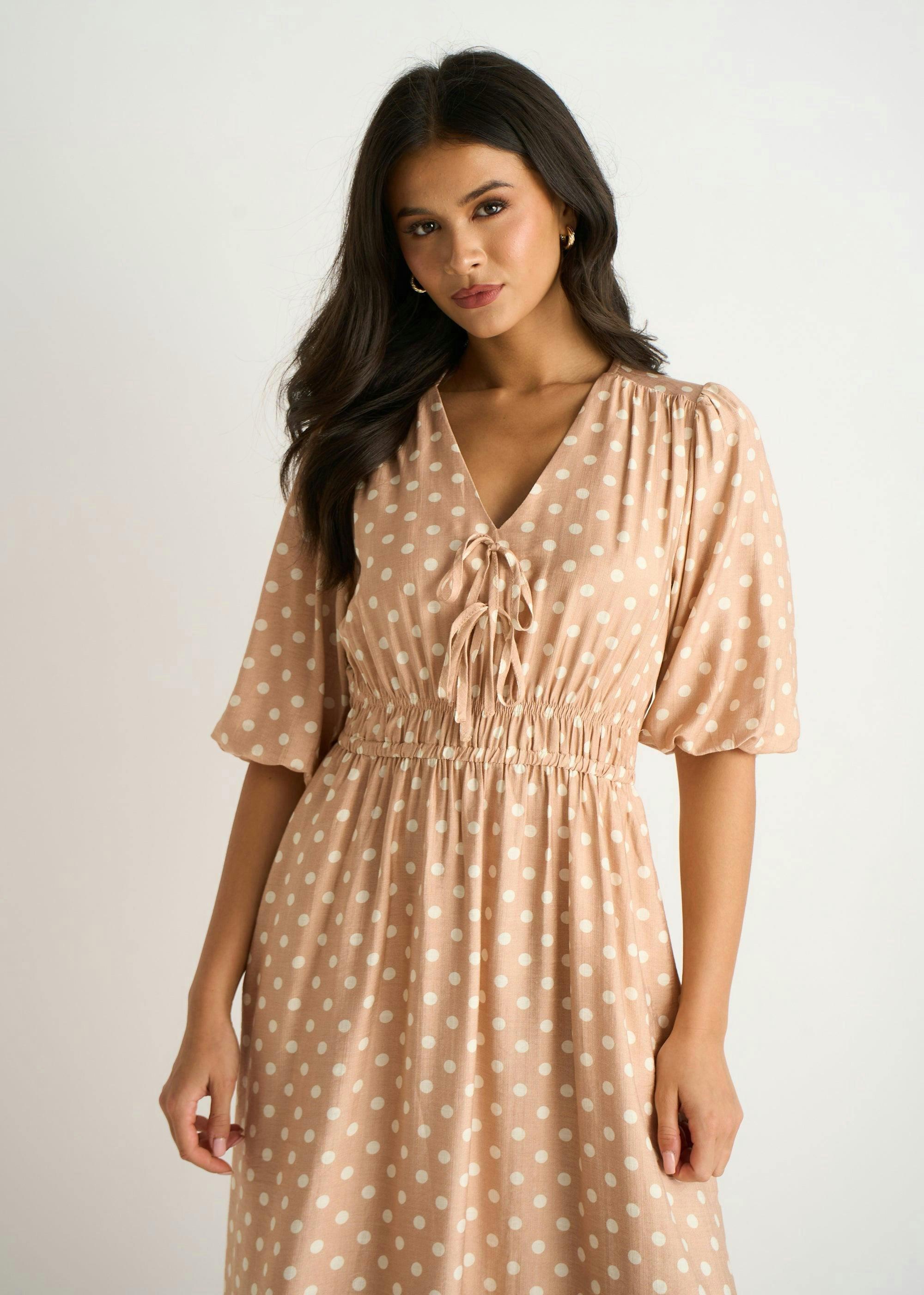 Oatmeal Spot Print Shirred Waist Shift Midi Dress , view 3 of 4