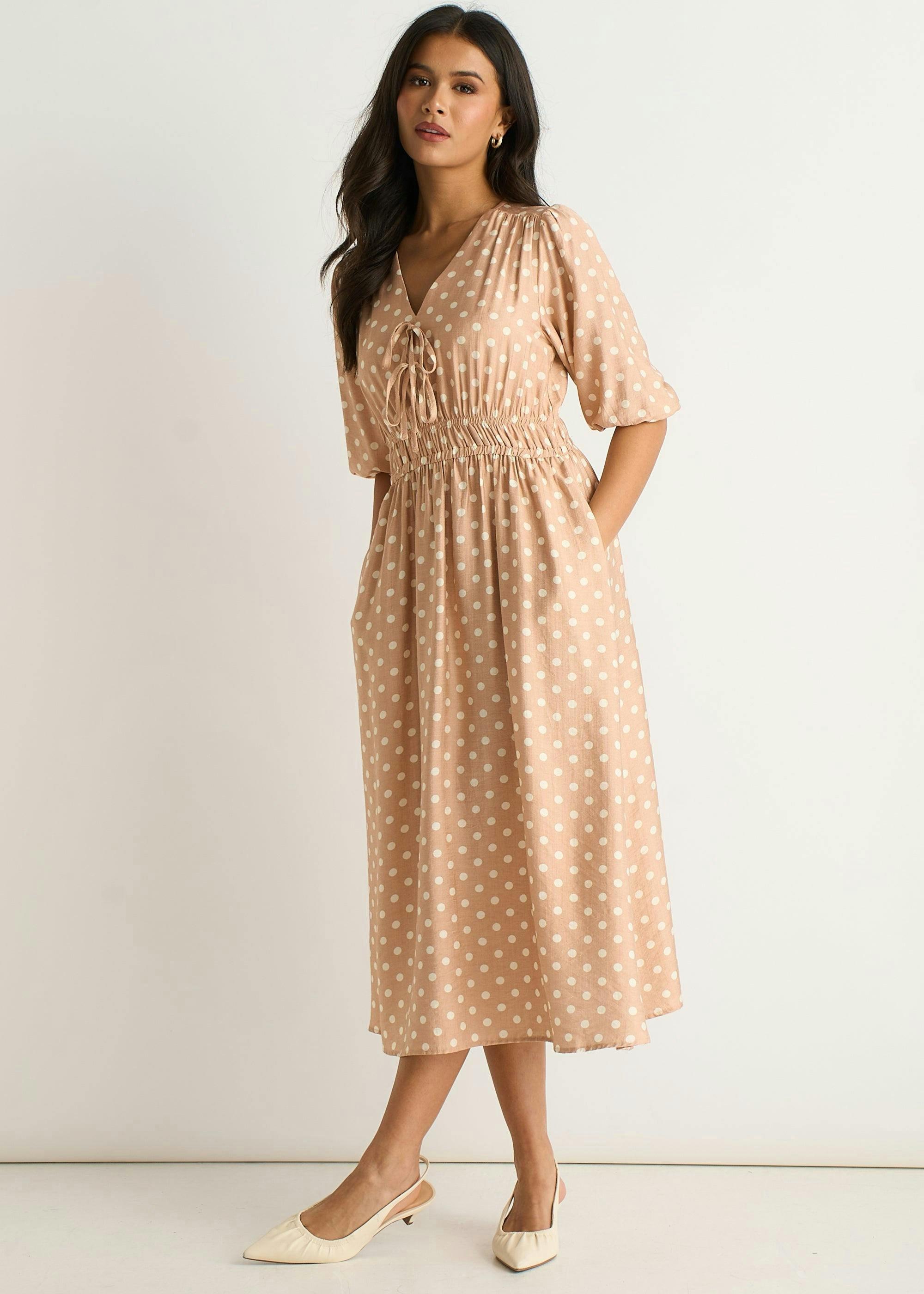 Oatmeal Spot Print Shirred Waist Shift Midi Dress , view 4 of 4