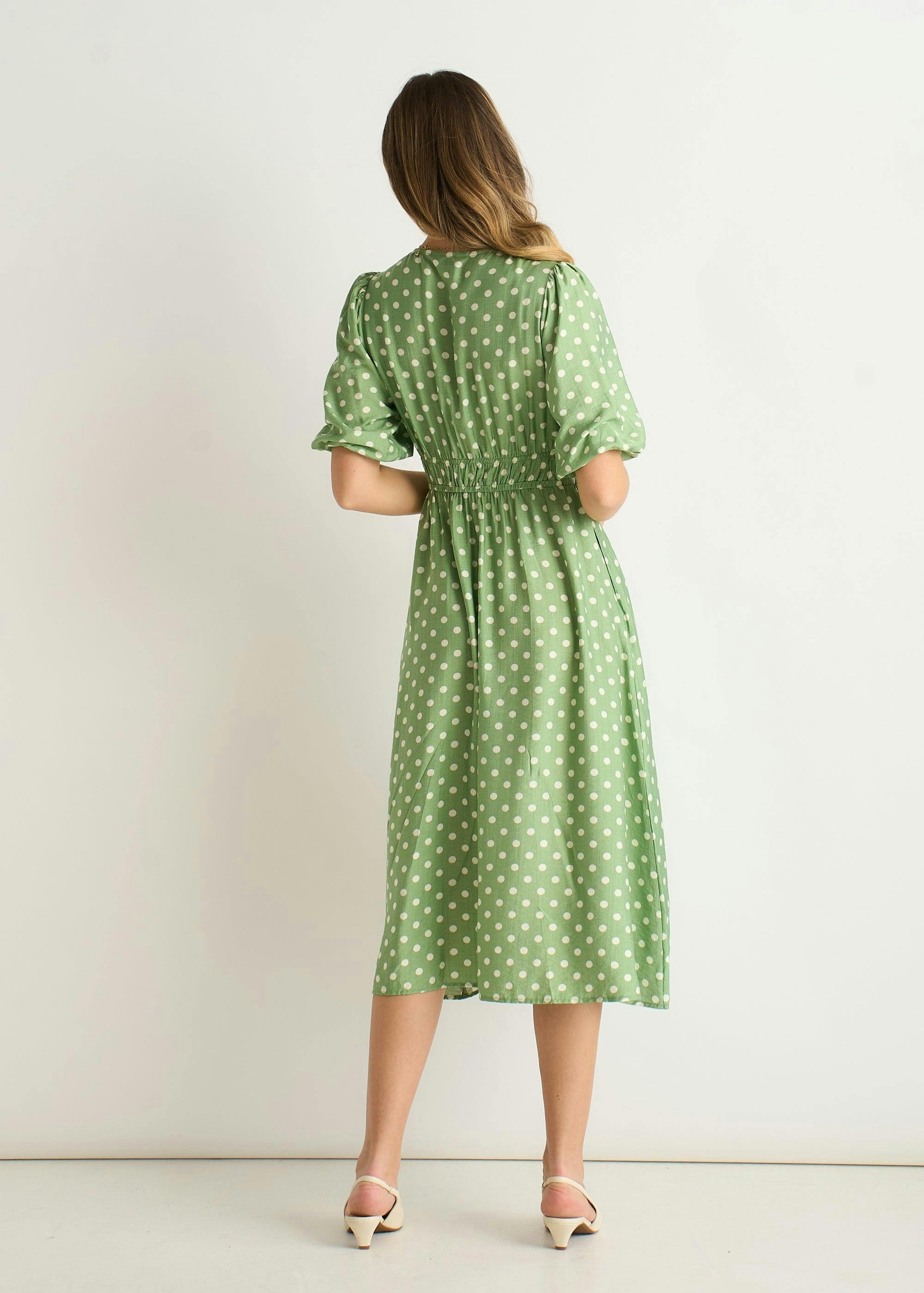 Sage Green Spot Print Shirred Waist Shift Midi Dress , view 2 of 4