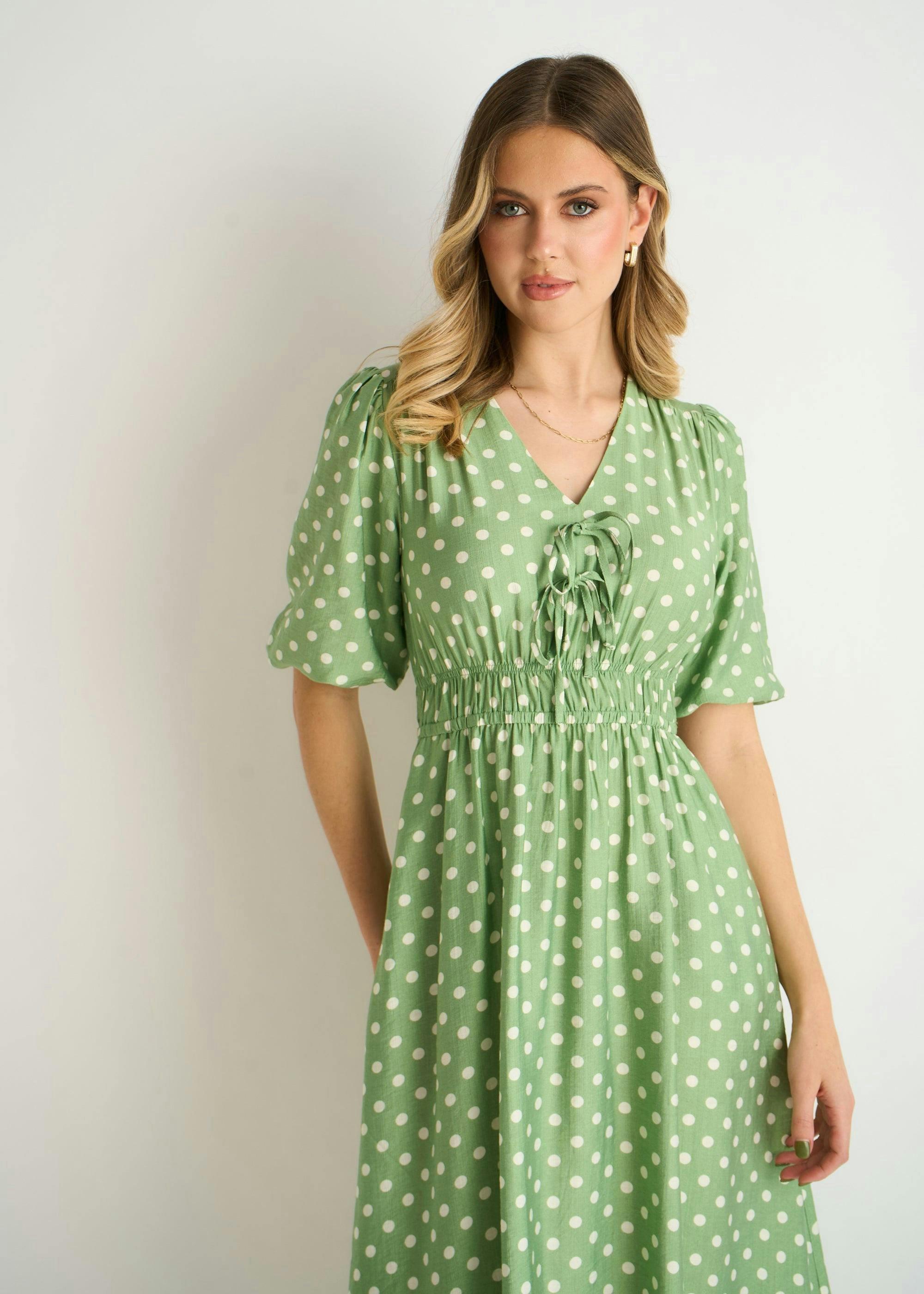 Sage Green Spot Print Shirred Waist Shift Midi Dress , view 3 of 4