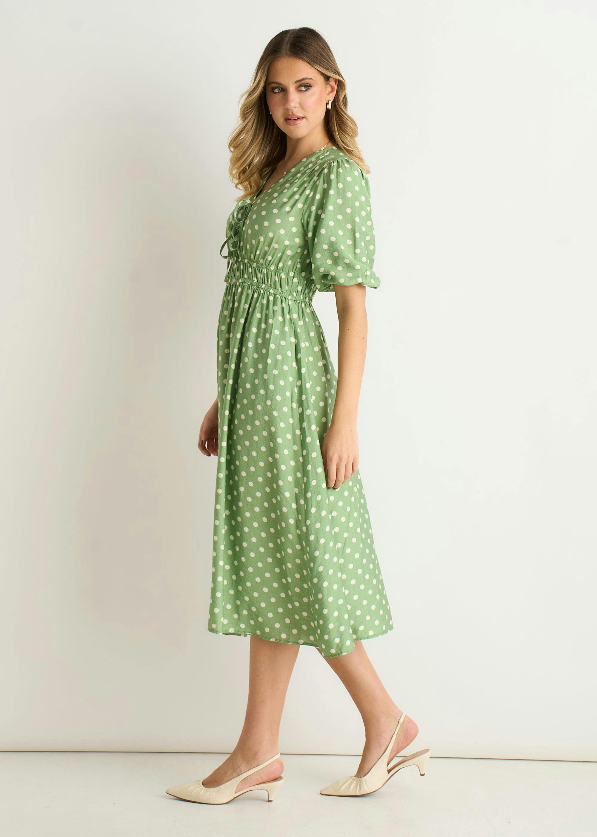 Sage Green Spot Print Shirred Waist Shift Midi Dress , view 4 of 4