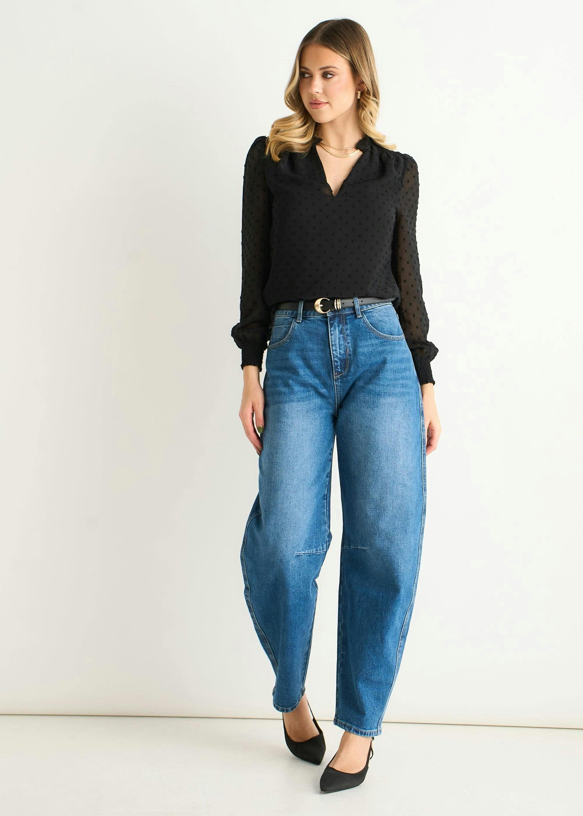 Black Dobby Chiffon Frill Neck Blouse , view 2 of 4