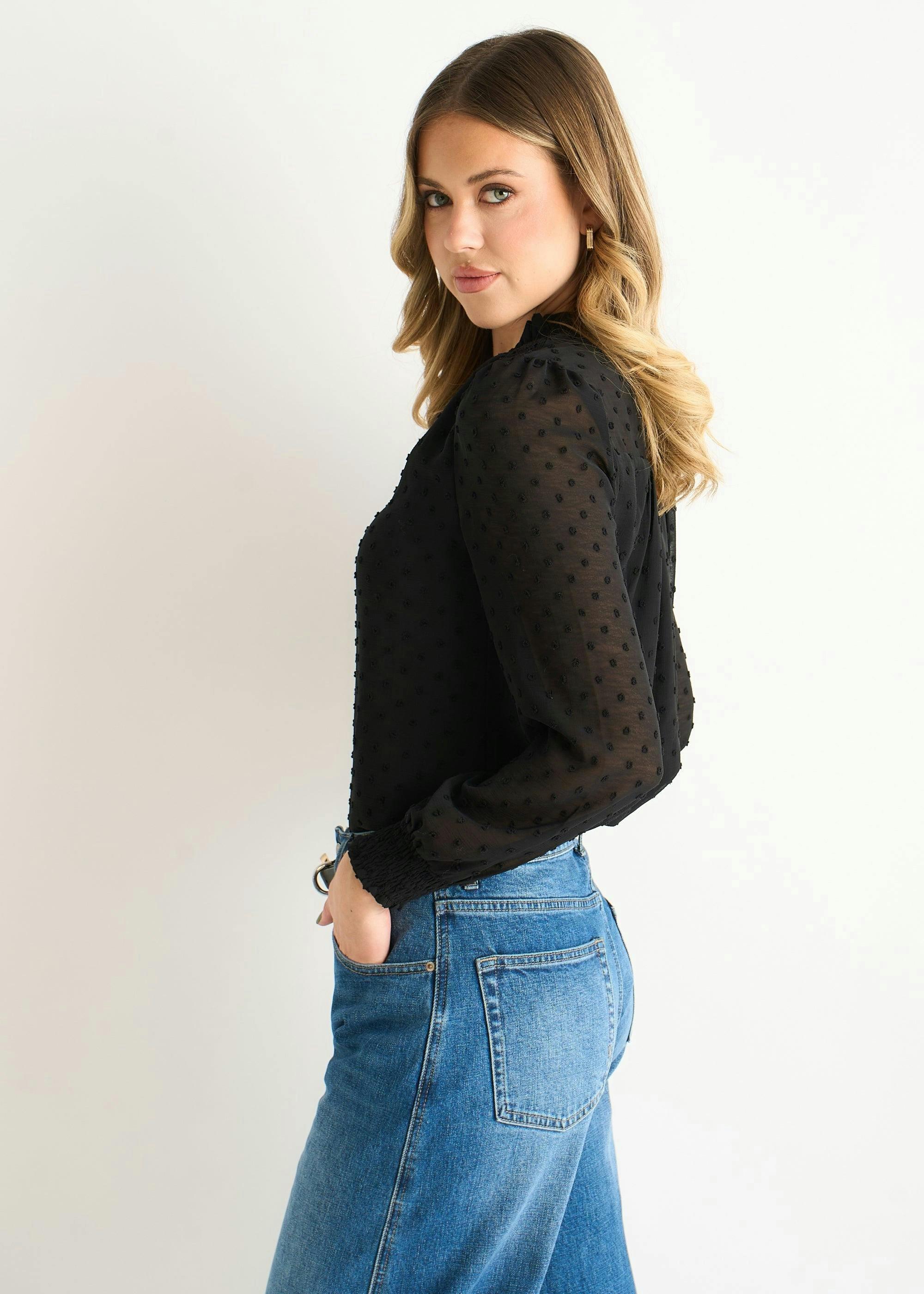 Black Dobby Chiffon Frill Neck Blouse , view 3 of 4