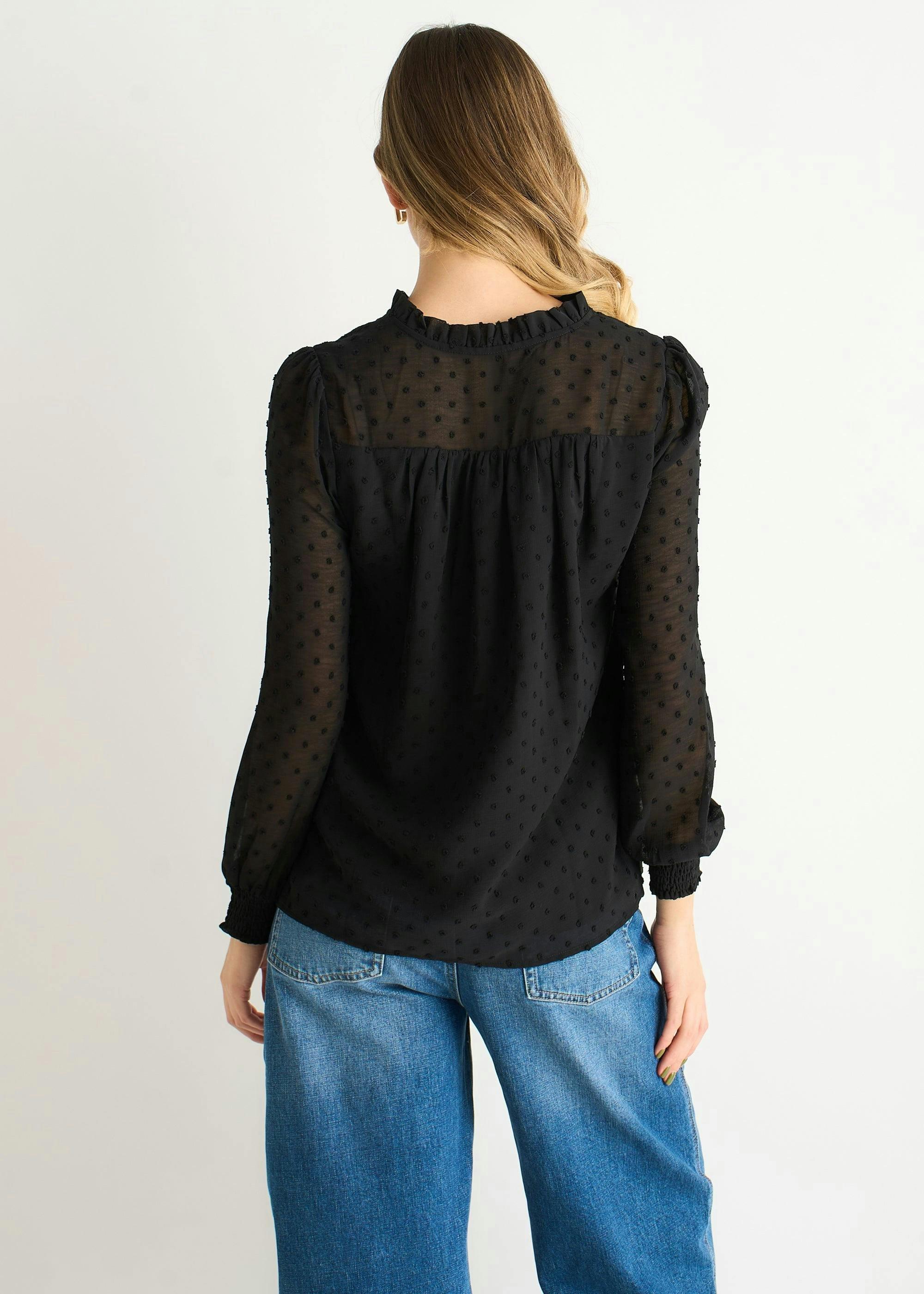 Black Dobby Chiffon Frill Neck Blouse , view 4 of 4