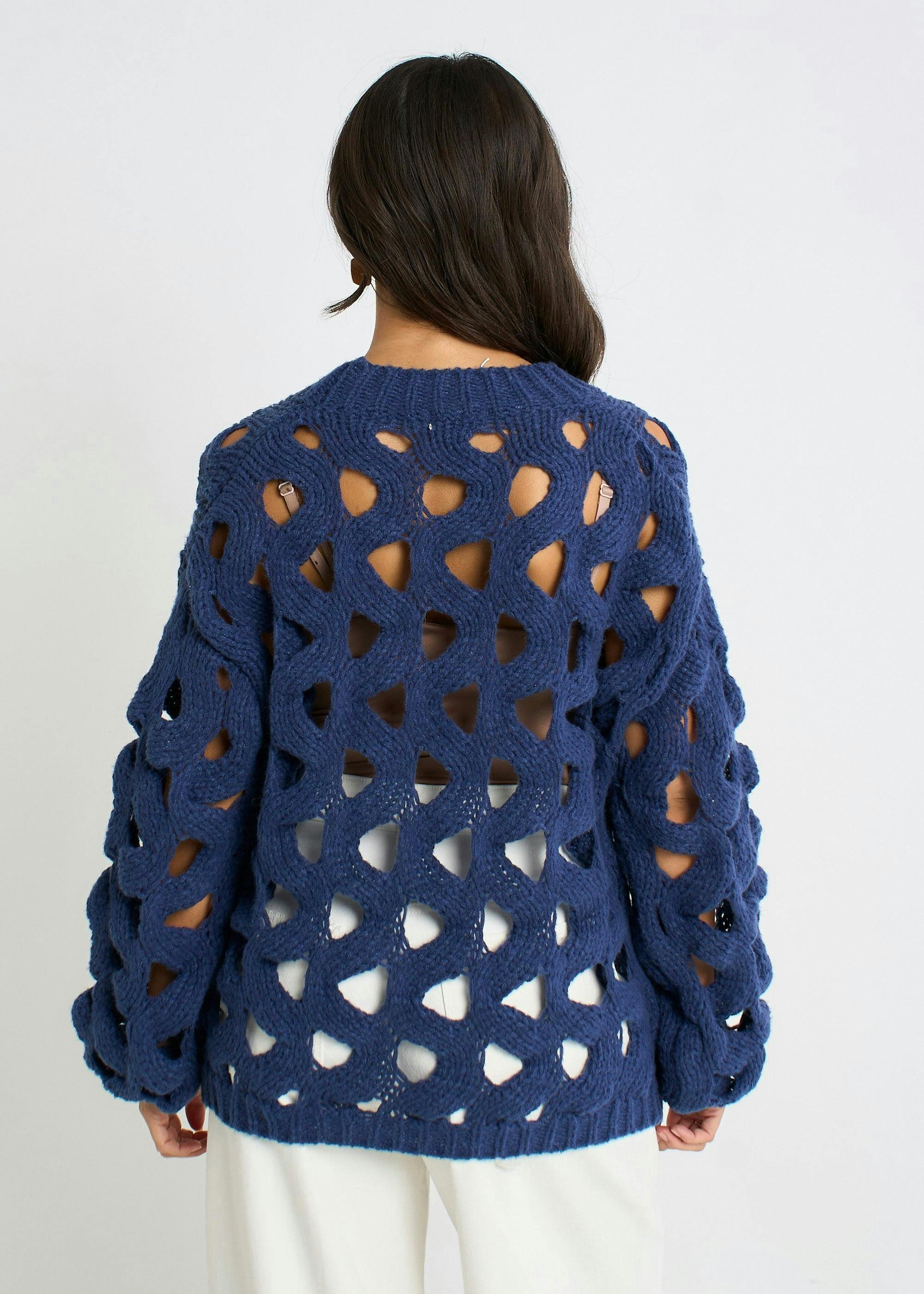 Navy Hollow Chunky Knit Cardigan , view 2 of 4