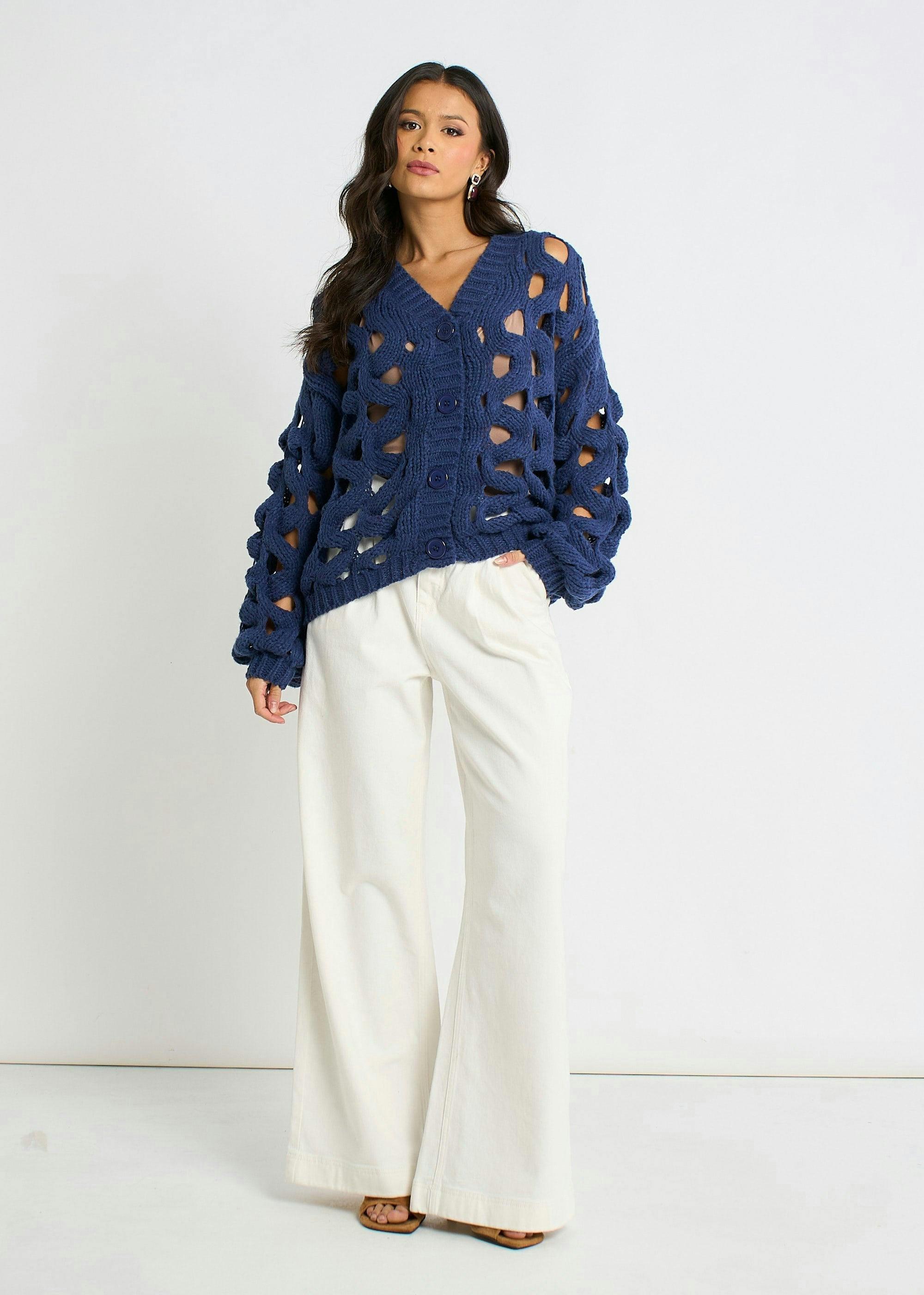 Navy Hollow Chunky Knit Cardigan , view 3 of 4
