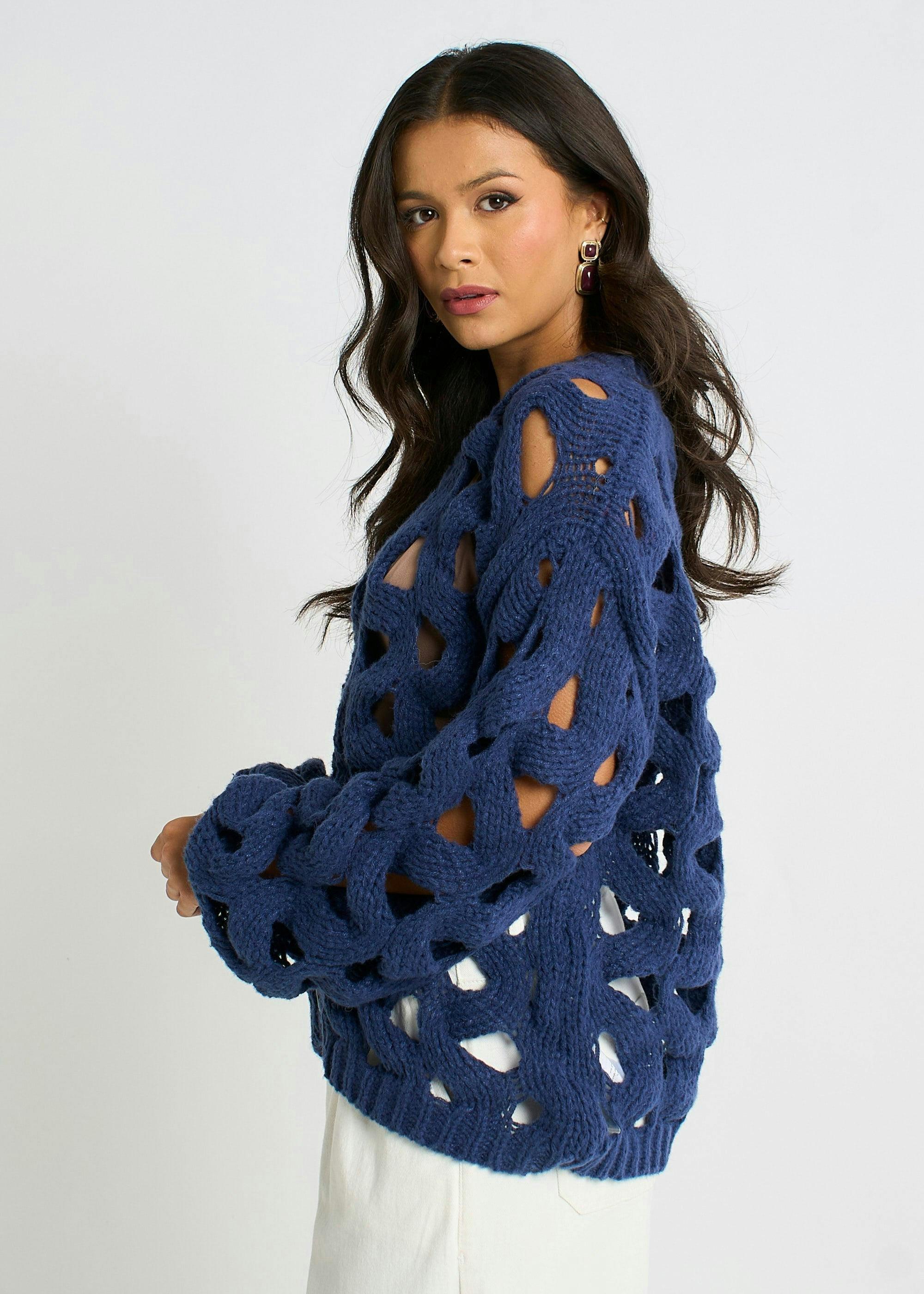 Navy Hollow Chunky Knit Cardigan , view 4 of 4