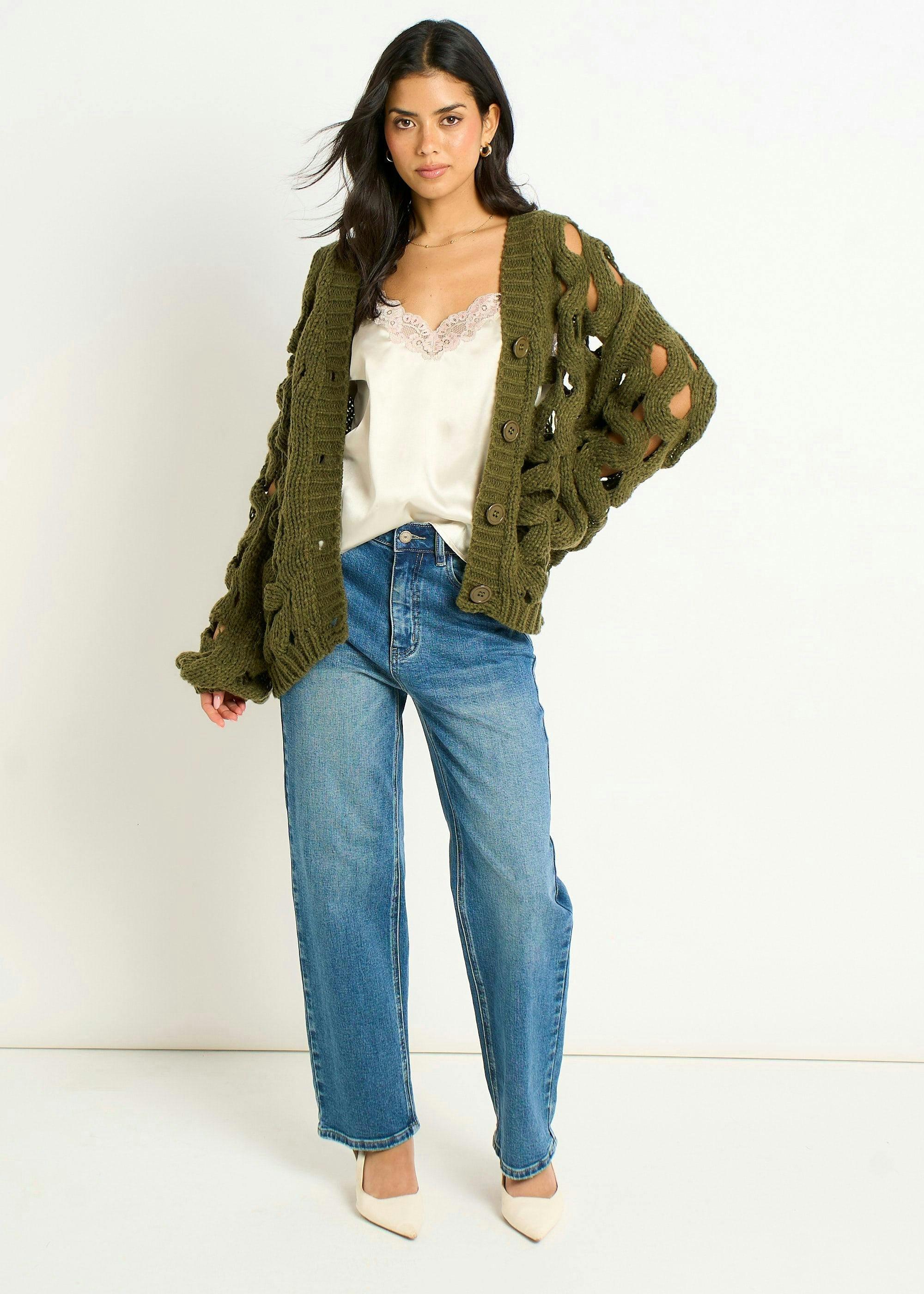 Khaki Hollow Chunky Knit Cardigan , view 2 of 4