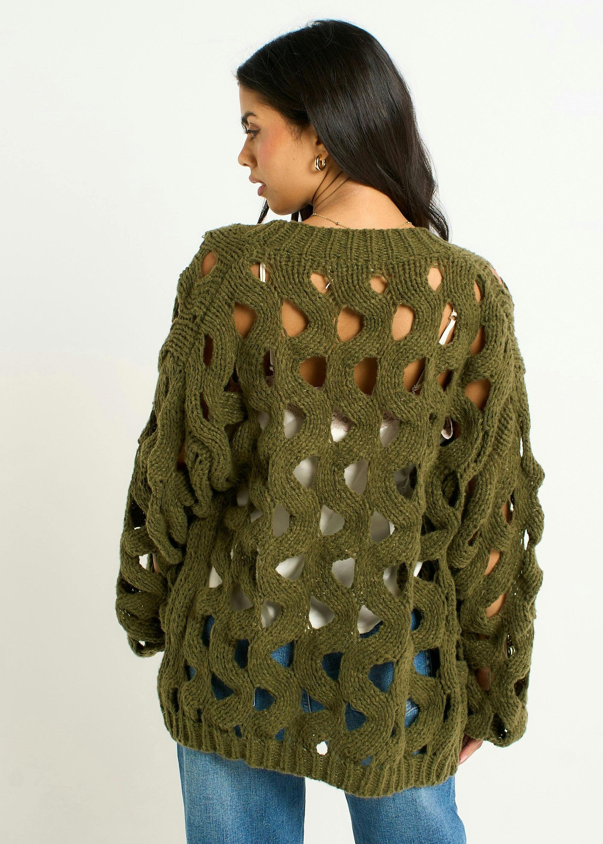 Khaki Hollow Chunky Knit Cardigan , view 3 of 4