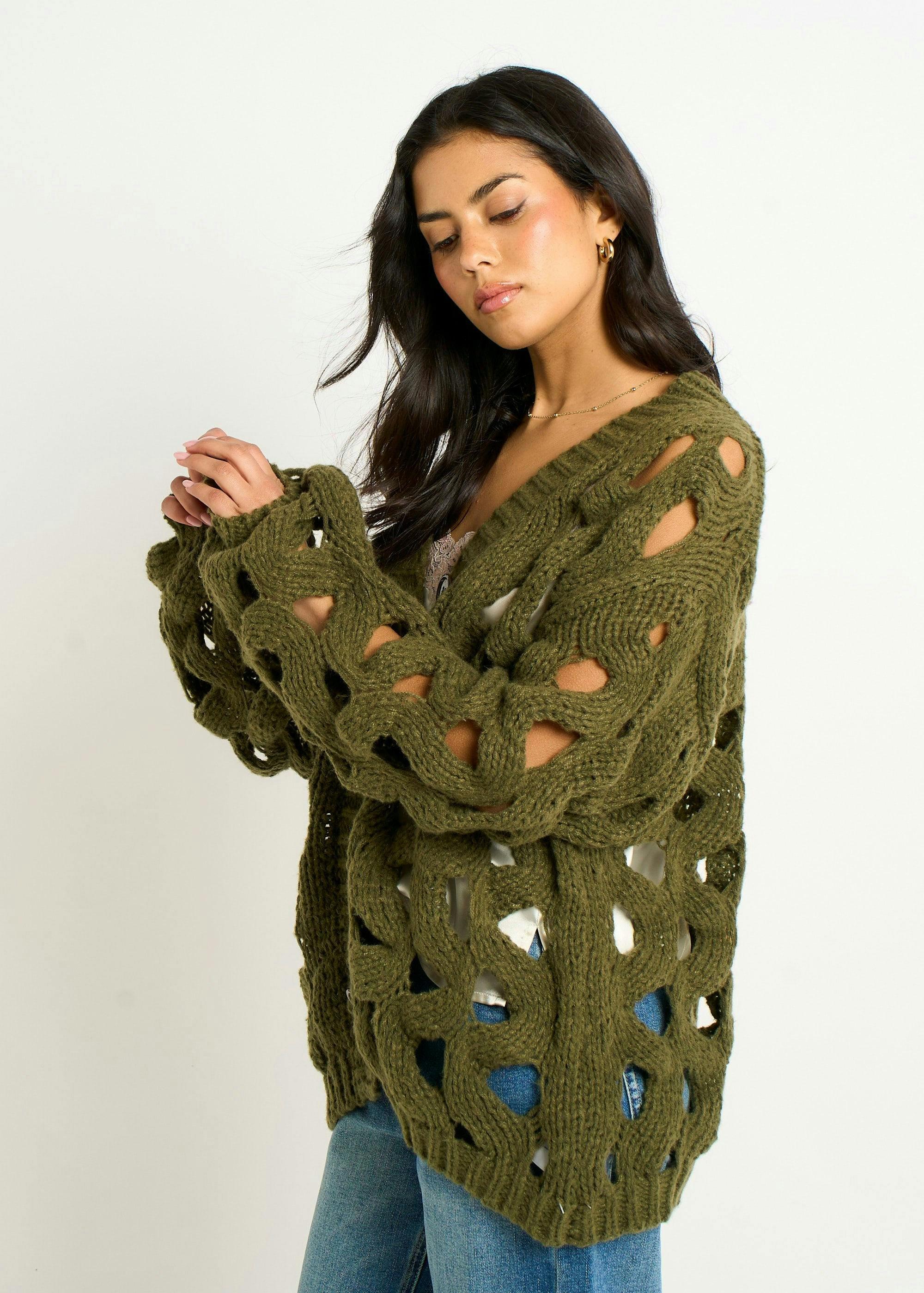 Khaki Hollow Chunky Knit Cardigan , view 4 of 4