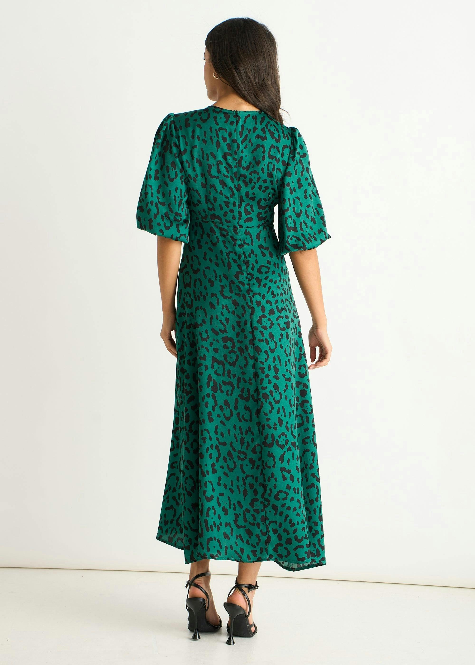 Green Animal Print Satin Midi Dress , view 2 of 4