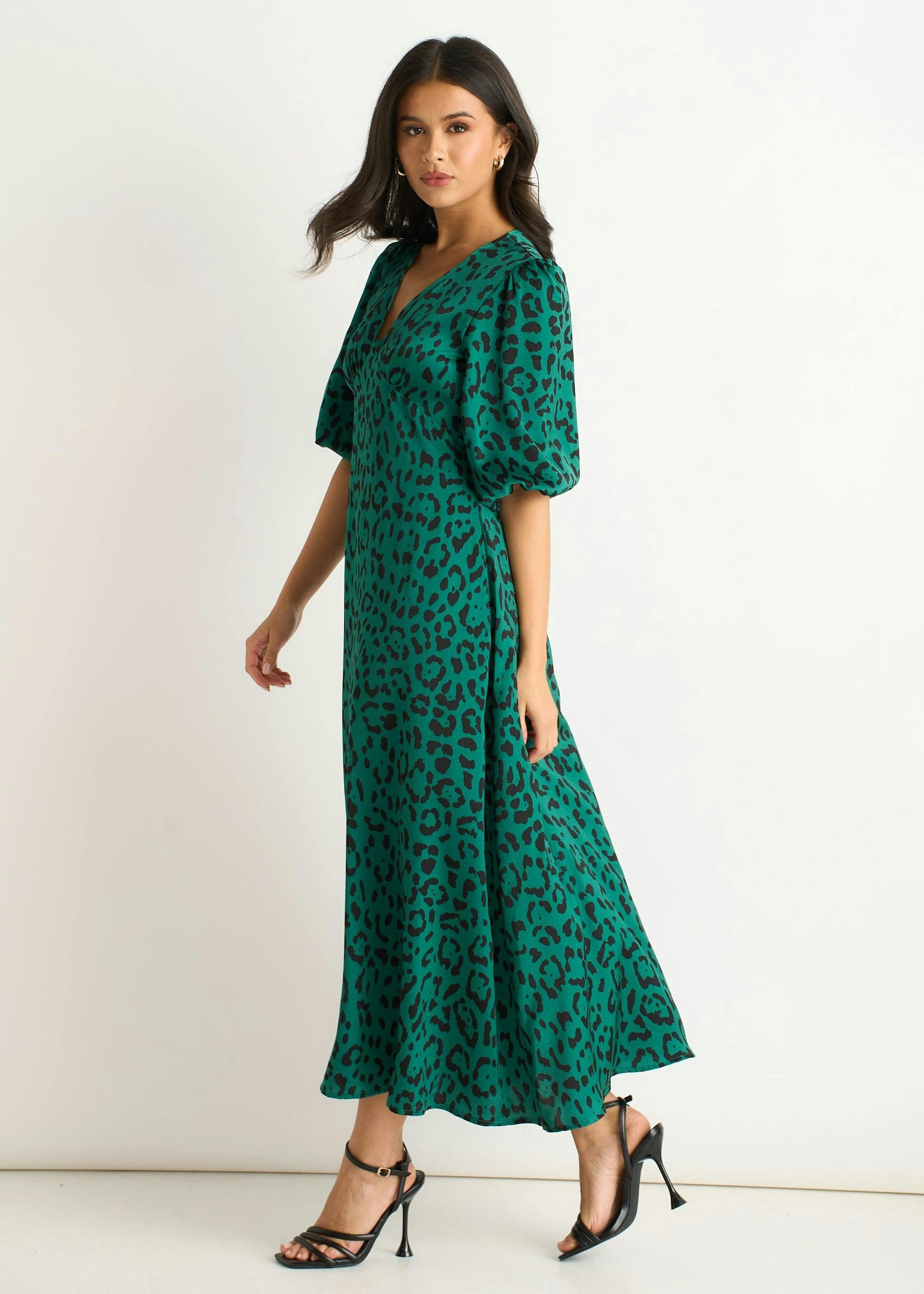 Green Animal Print Satin Midi Dress , view 3 of 4