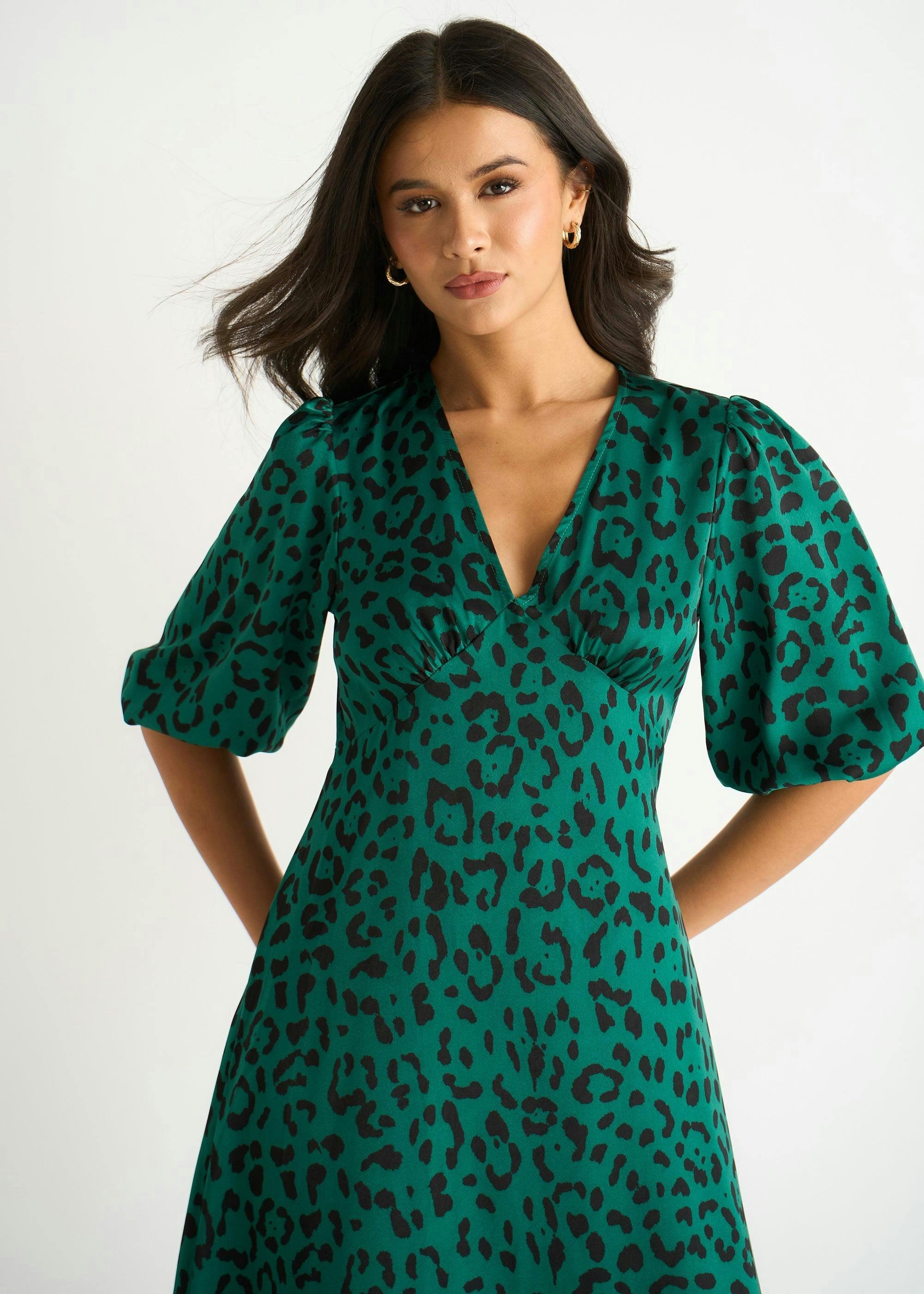 Green Animal Print Satin Midi Dress , view 4 of 4